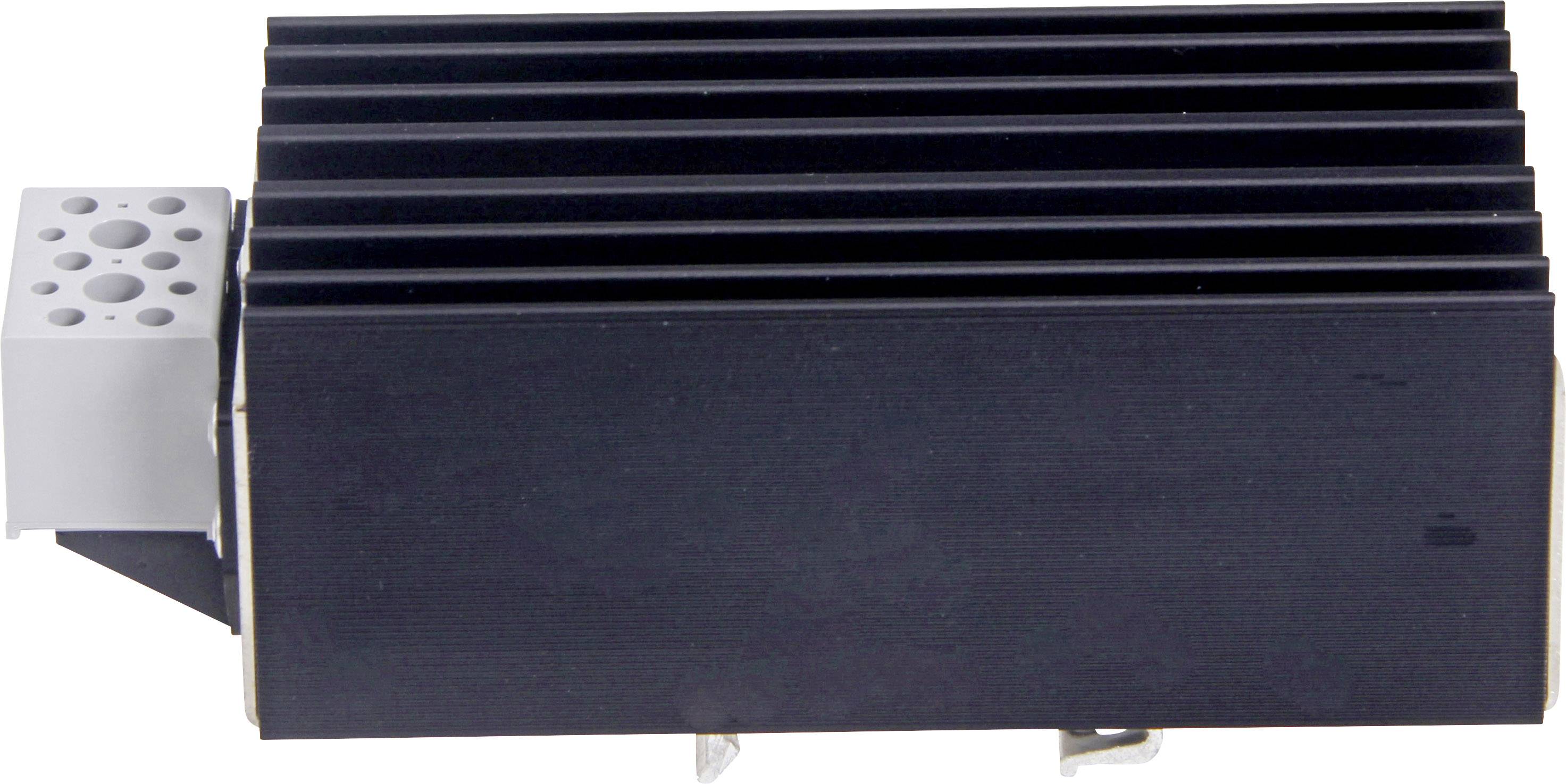 Czarny radiator z metalowym korpusem i żeberkami, z szarym adapterem lub blokiem zaciskowym podłączonym z boku.