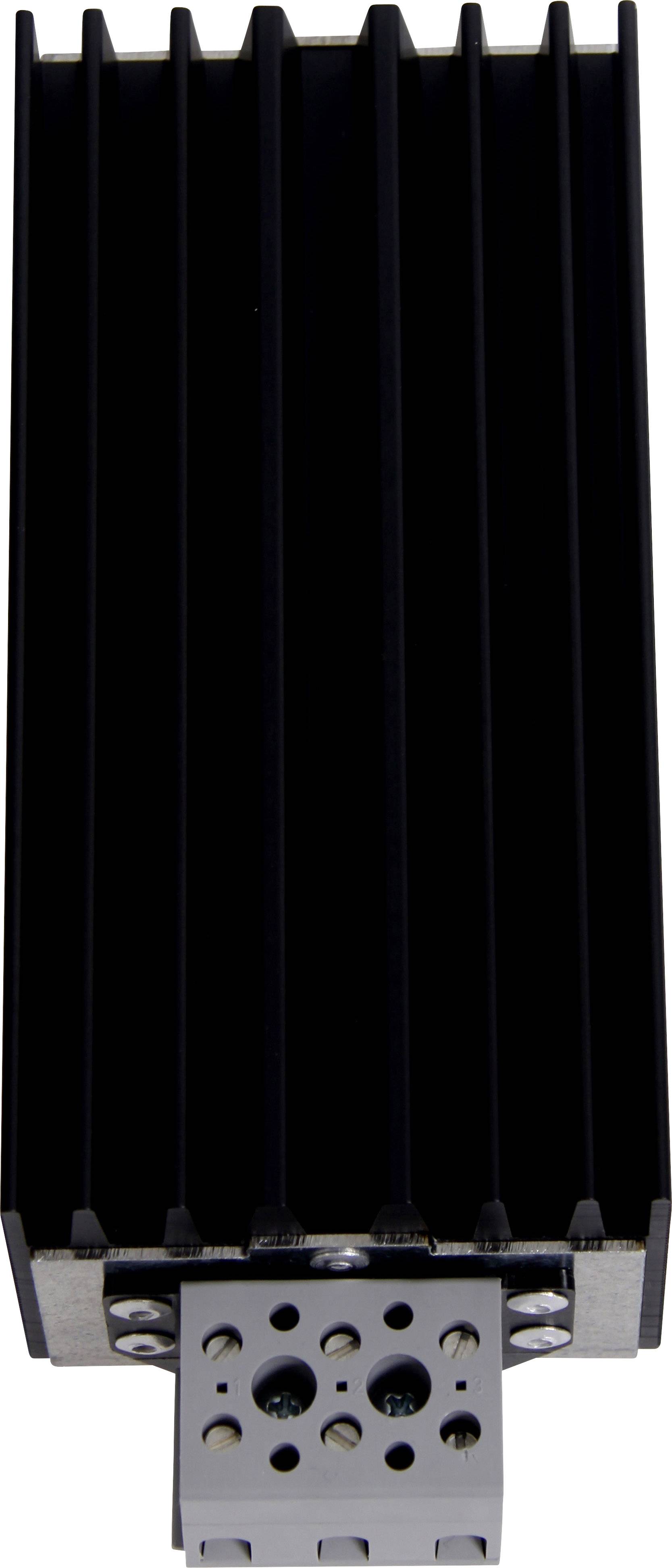 Czarny aluminiowy radiator o strukturze żeber, zamontowany na szarym elemencie metalowym z otworami i śrubami.