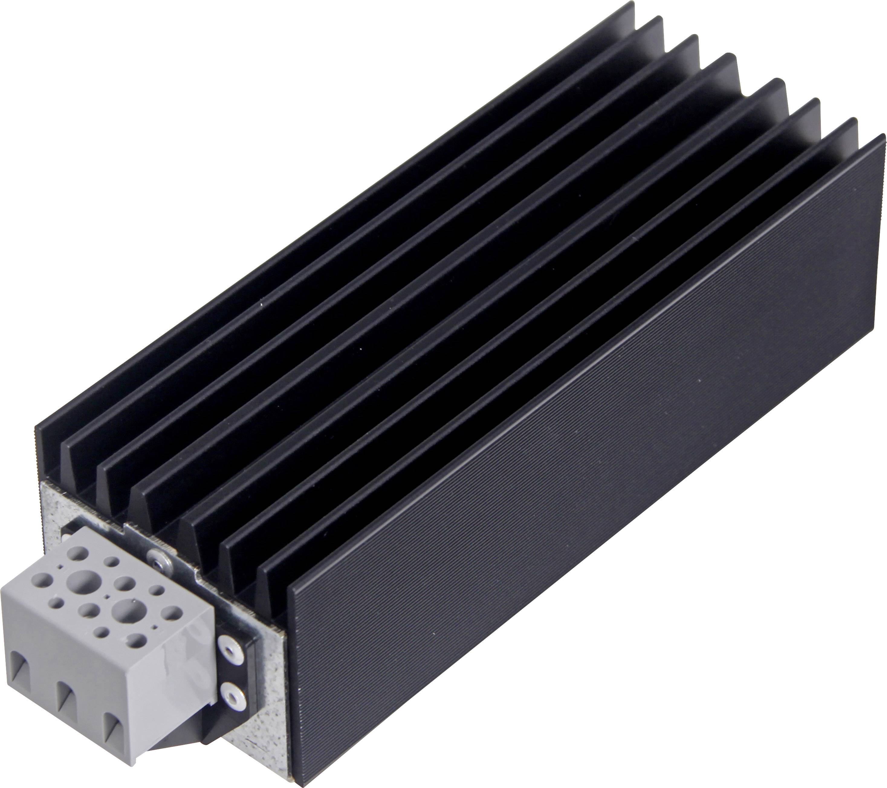 Czarny radiator z wieloma równoległymi żeberkami oraz szarym blokiem przyłączeniowym z jednej strony.