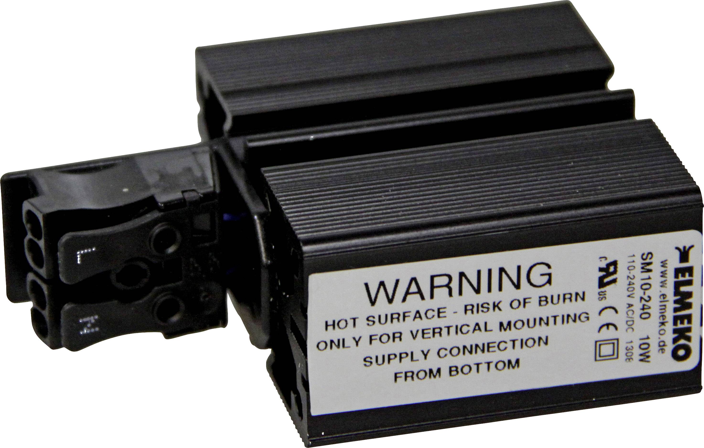Czarny element z białym ostrzeżeniem: 'OSTRZEŻENIE Gorąca powierzchnia - Niebezpieczeństwo poparzenia. Montować tylko w pozycji pionowej. Zasilanie od dołu.'