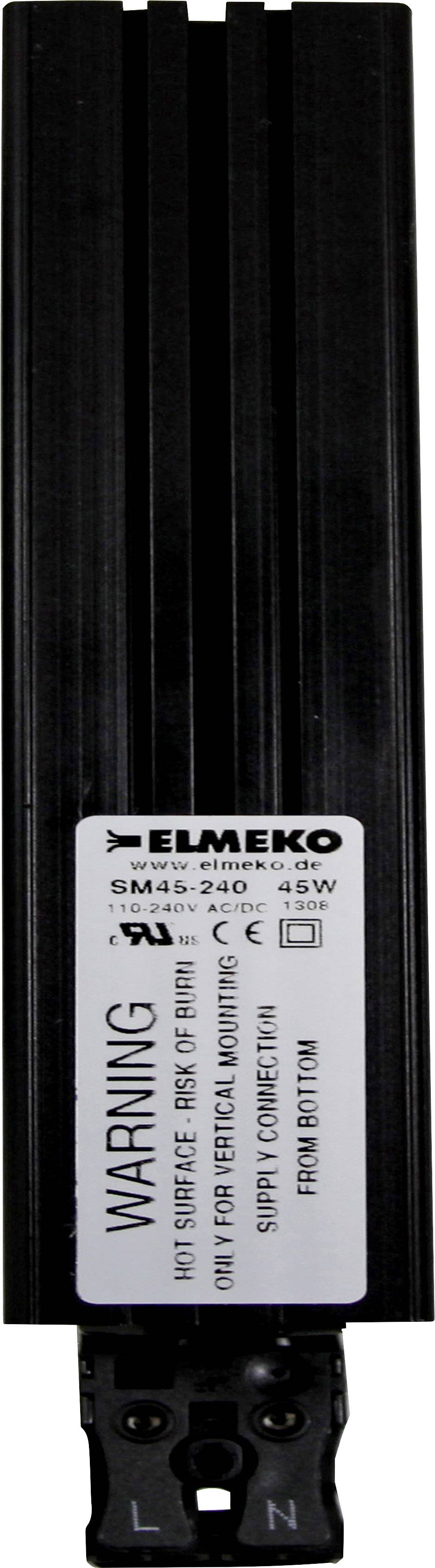 'Czarne urządzenie grzewcze z ostrzeżeniem i szczegółami technicznymi. Marka: Elmeko. Model: SM 45-240. Moc: 45 W. Montaż tylko w pozycji pionowej.'