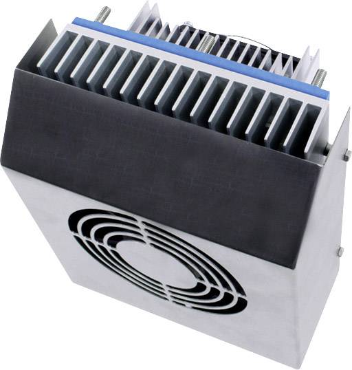 Obudowa metalowa z żebrami chłodzącymi i wentylatorem poniżej. Jest to radiator z zintegrowanym wentylatorem służący do odprowadzania ciepła.