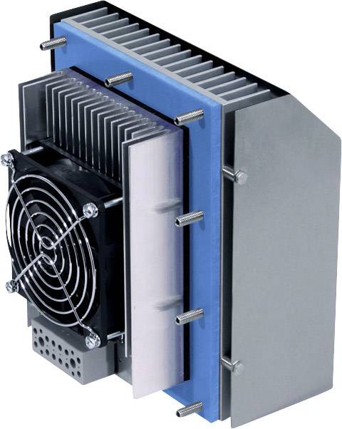 Metalowy radiator z zamontowanym wentylatorem. Radiator posiada niebieskie tylne złącze i kilka śrub mocujących.