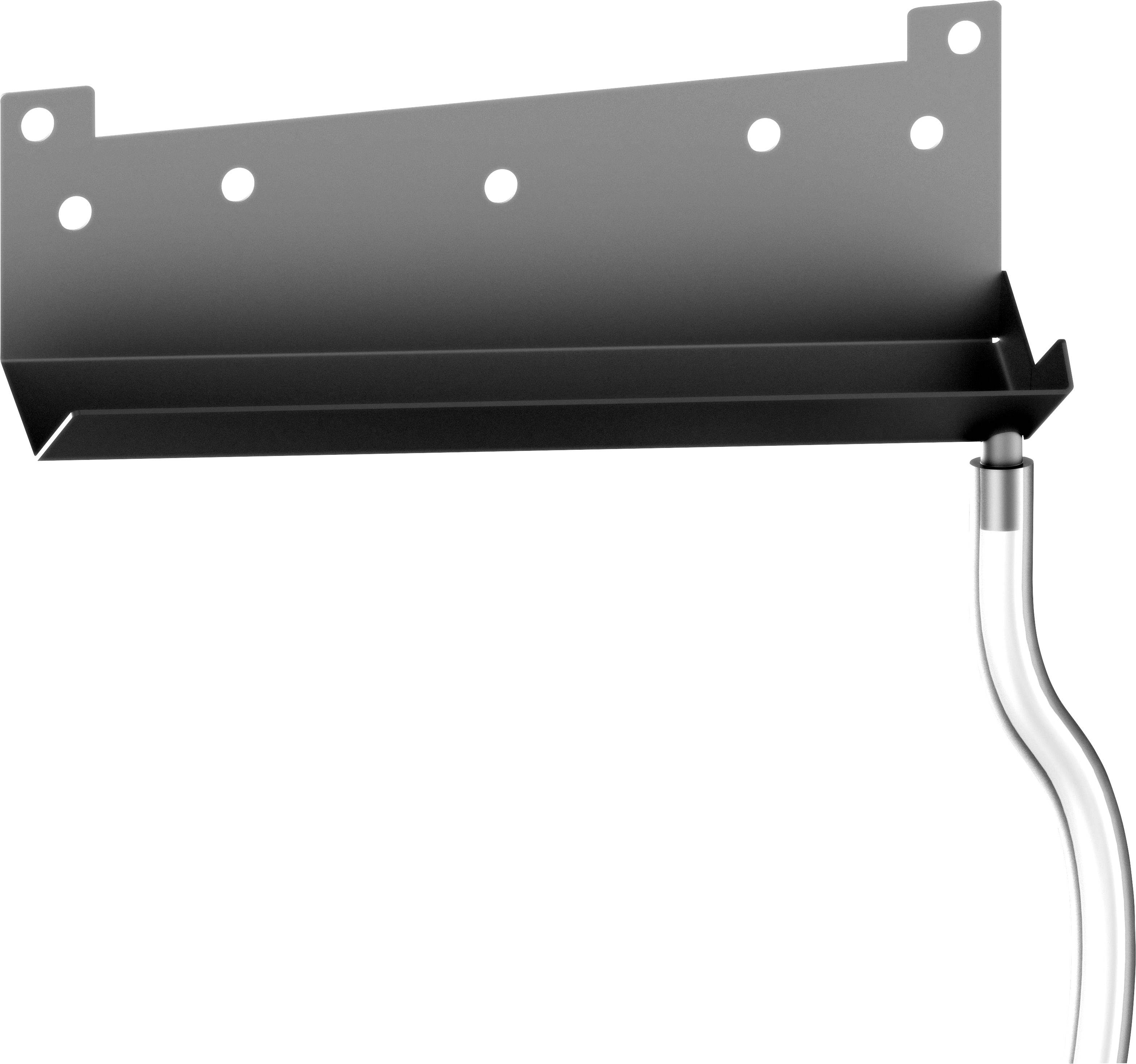 Metalowy stojak z sześcioma otworami do montażu ściennego, pod którym znajduje się zakrzywiona rura, prawdopodobnie przeznaczona do prowadzenia kabli.