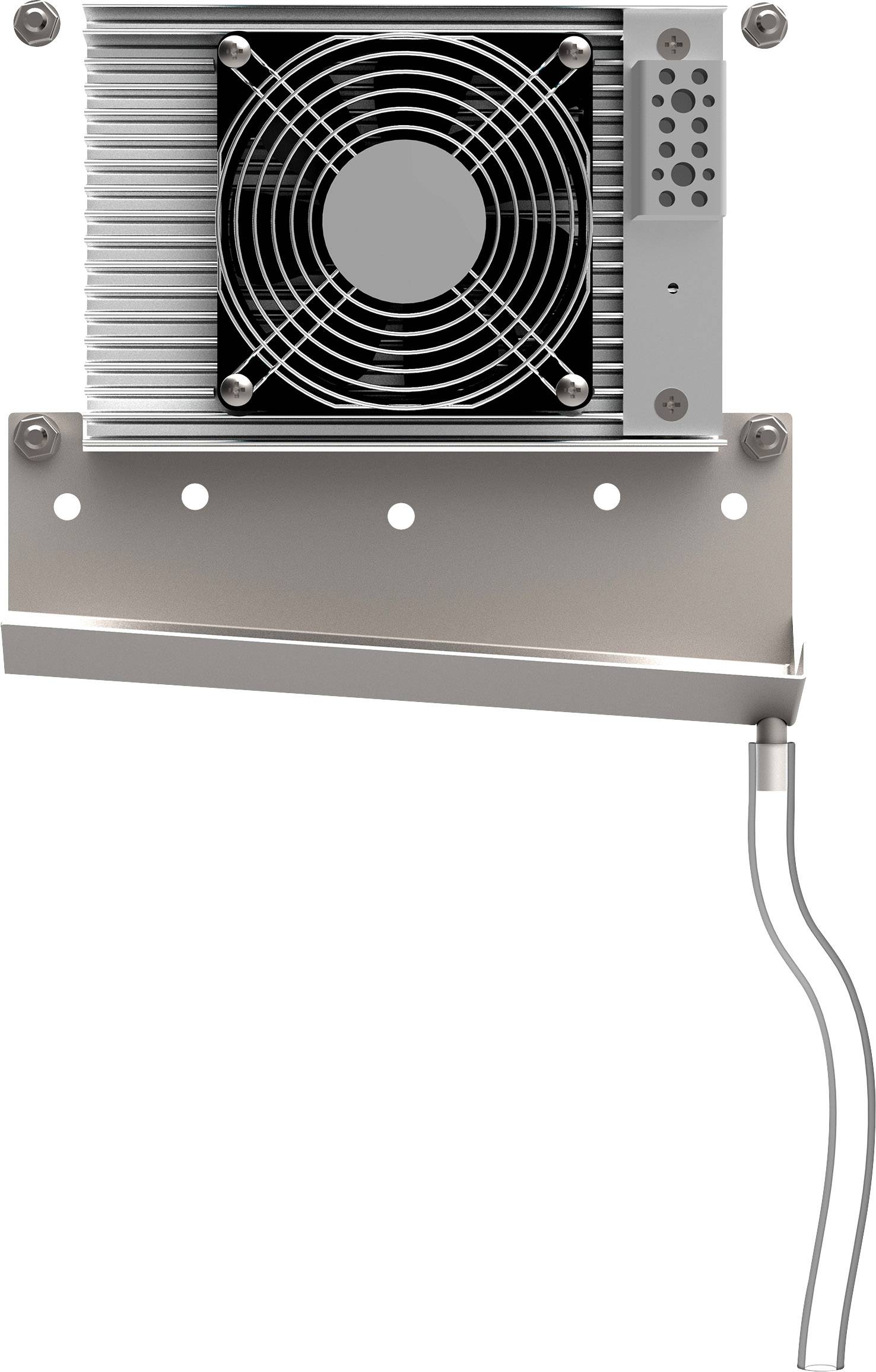 Elektryczny wentylator z obudową metalową, mocowaniem ściennym i przewodem, używany do chłodzenia lub wentylacji urządzeń elektronicznych.