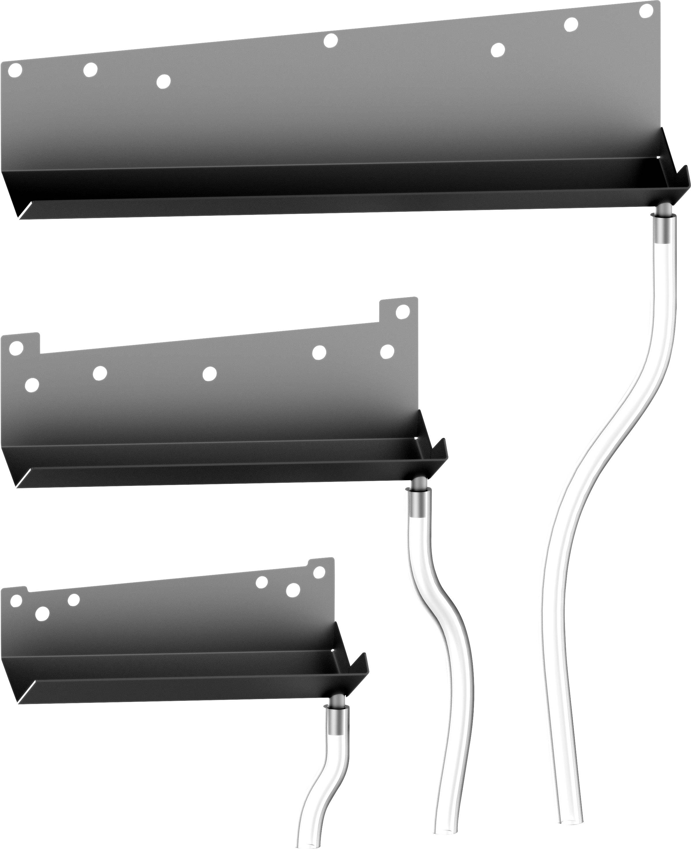 Trzy czarne metalowe uchwyty w różnych rozmiarach z zakrzywionymi ku górze ramionami mocującymi, nadające się do montażu ściennego.
