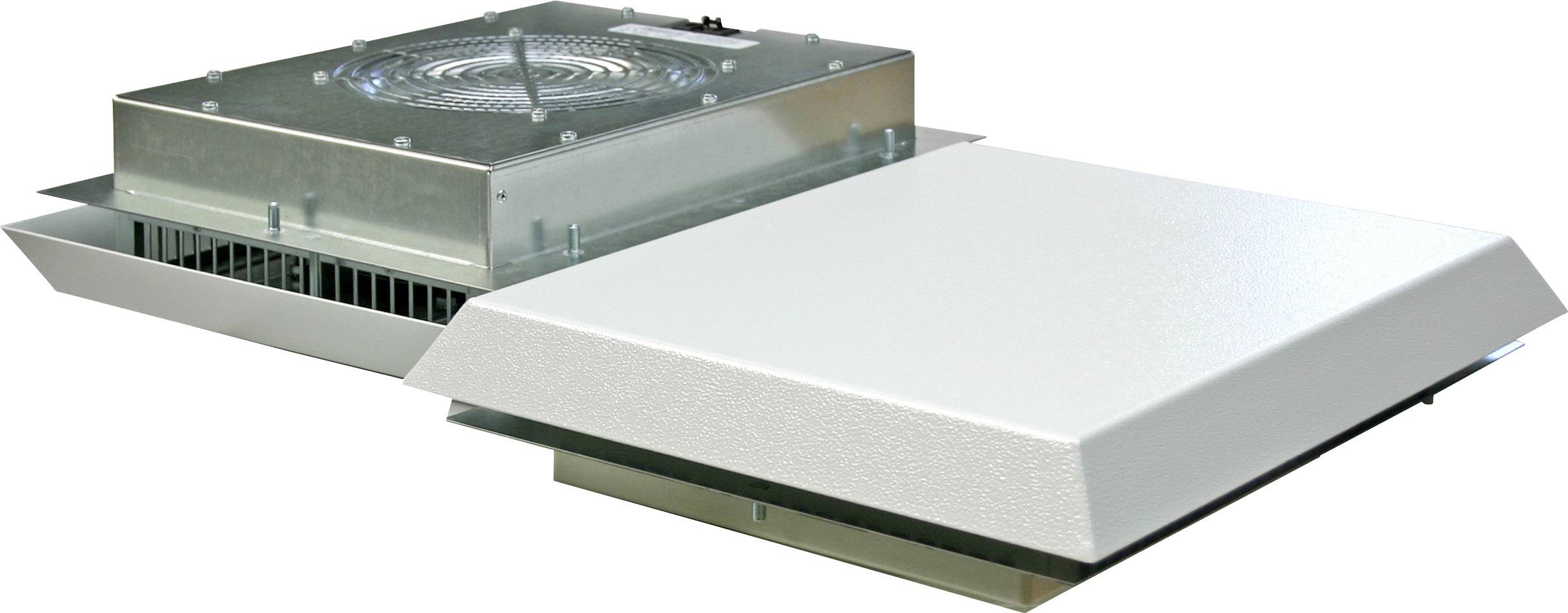 Płaski metalowy wentylator z prostokątną osłoną, stosowany w systemach wentylacyjnych budynków, zamontowany na płaszczyźnie.