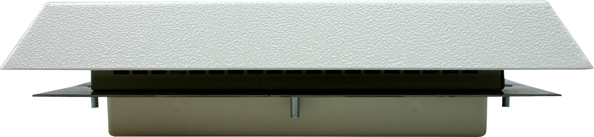 Kratka wentylacyjna z prostokątną ramą i pochyłą kratką ochronną, przeznaczona do montażu na ścianach budynków w celu zapewnienia cyrkulacji powietrza.