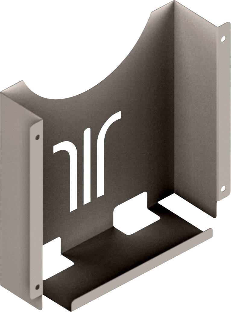 Metalowy uchwyt z wycentrowanym logo w stylu. Posiada dwa otwory montażowe po bokach i jest przeznaczony do mocowania na ścianie.