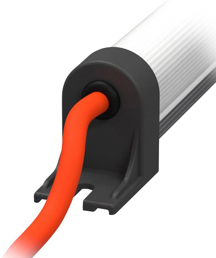 Czarne linowe zabezpieczenie oplata pomarańczowy kabel, który wprowadzony jest do srebrnej rurki.