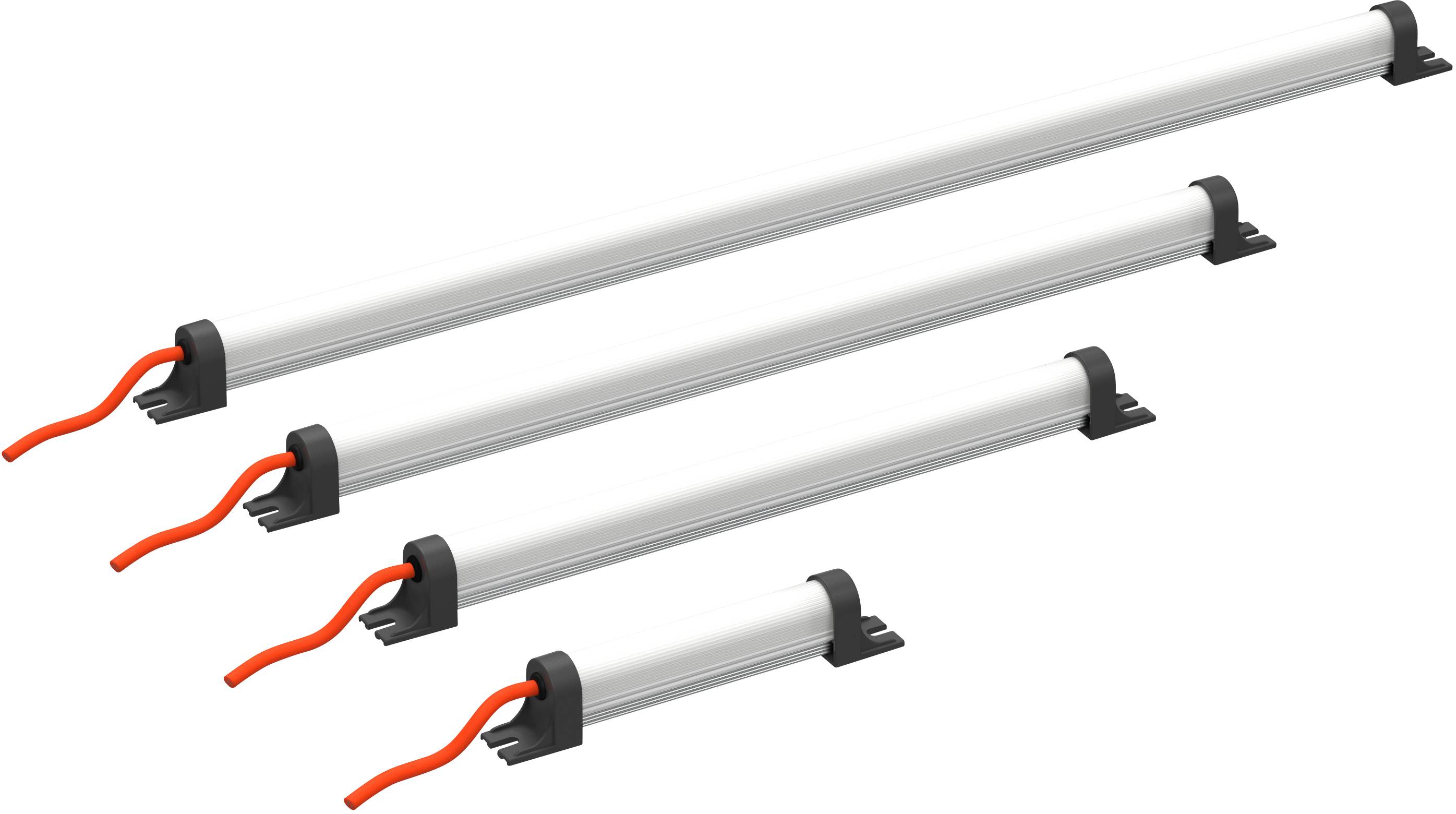 Cztery białe lampy LED o różnej długości z czerwonymi przewodami, ułożone od największej do najmniejszej, sfotografowane z boku.