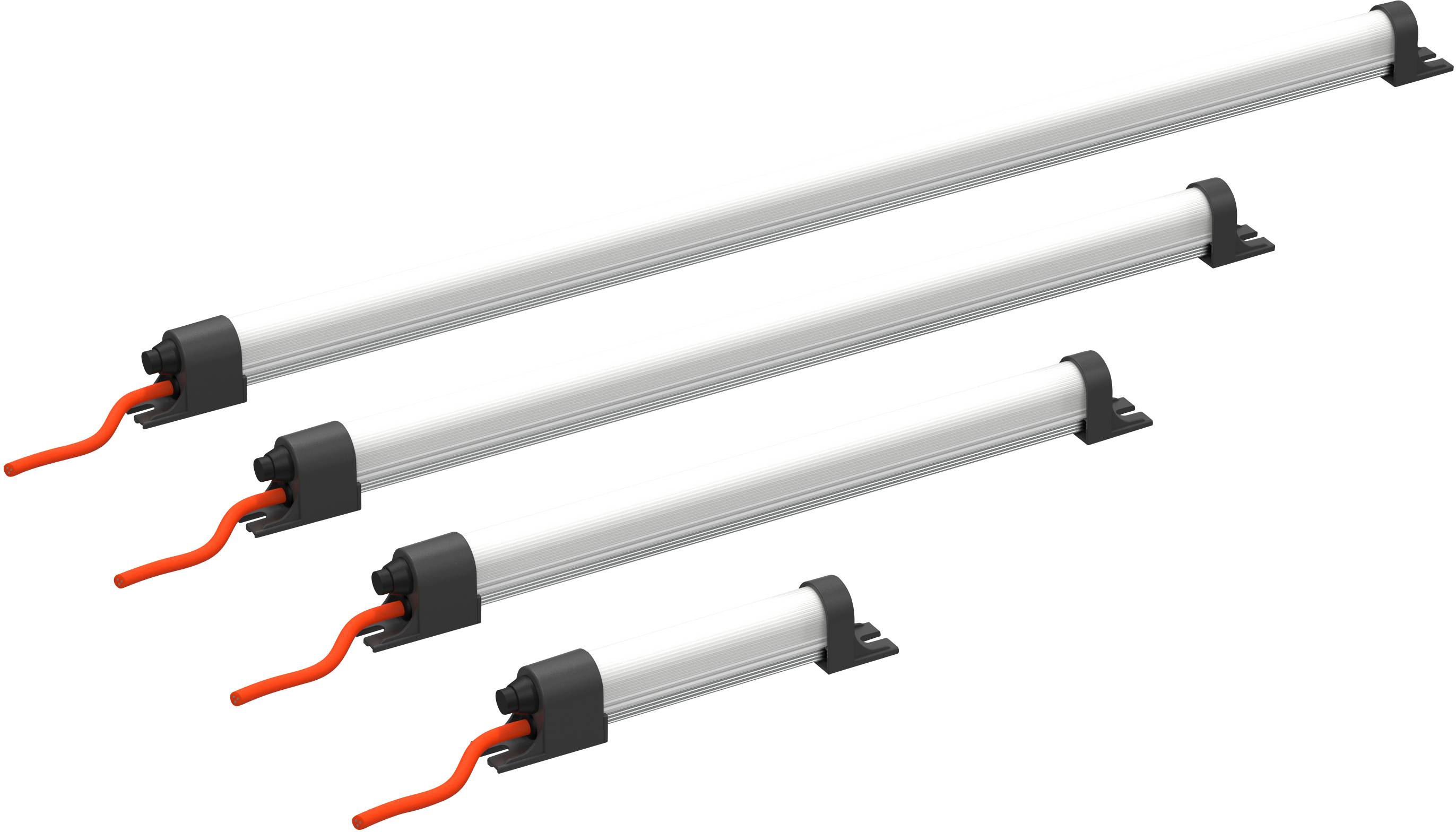 Cztery podłużne lampy LED o malejącym rozmiarze z czerwonymi kablami przy jednym końcu