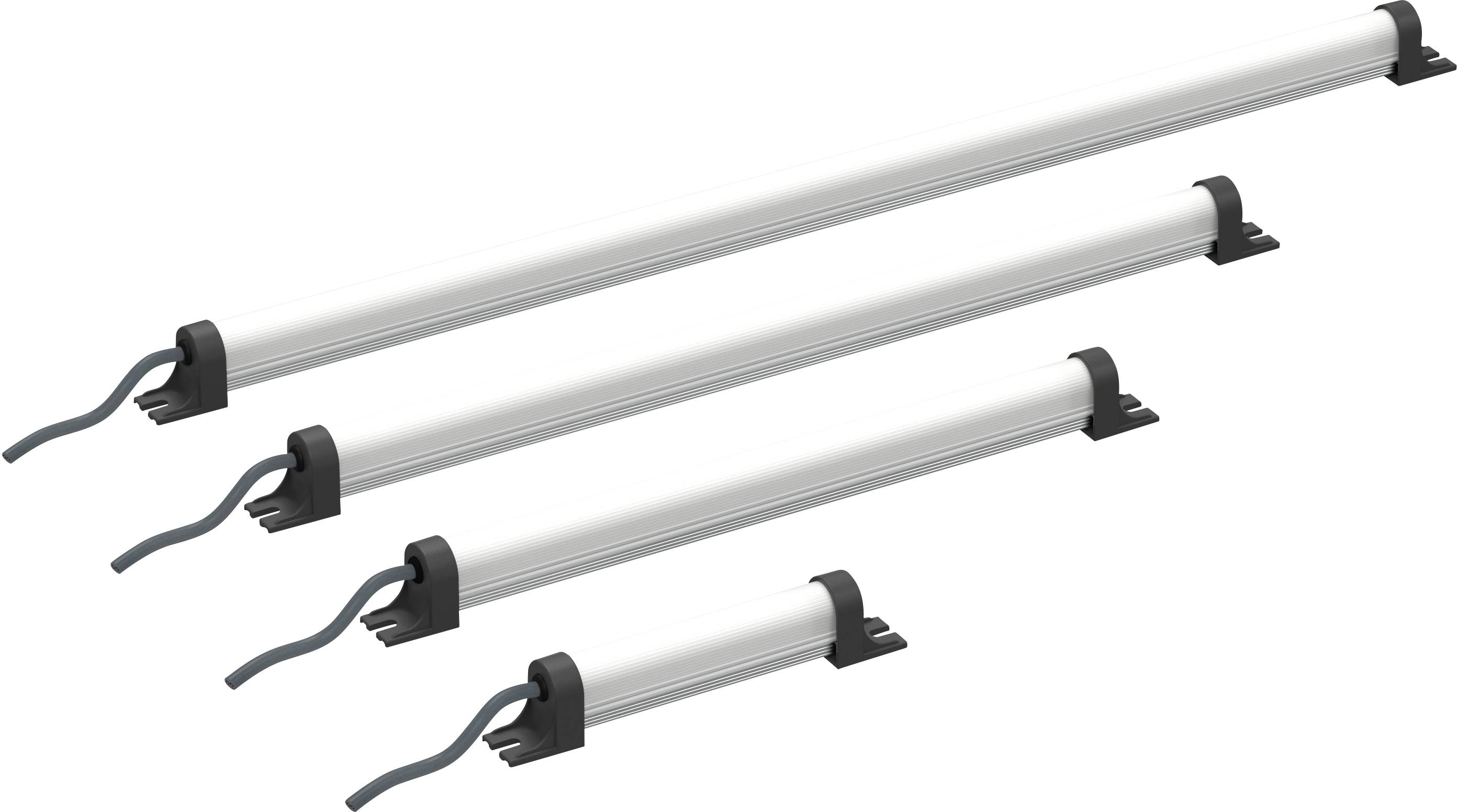 Cztery lampy LED o różnych długościach z czarnymi uchwytami i przewodami.