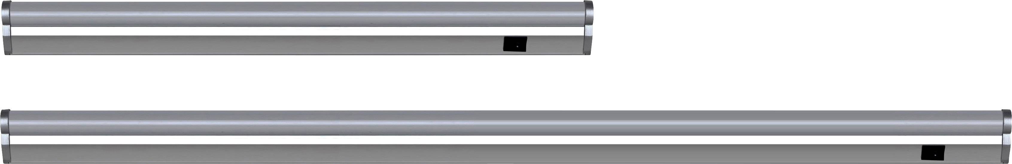 Dwie srebrne, równoległe pręty o różnych długościach; górny pręt krótszy od dolnego.