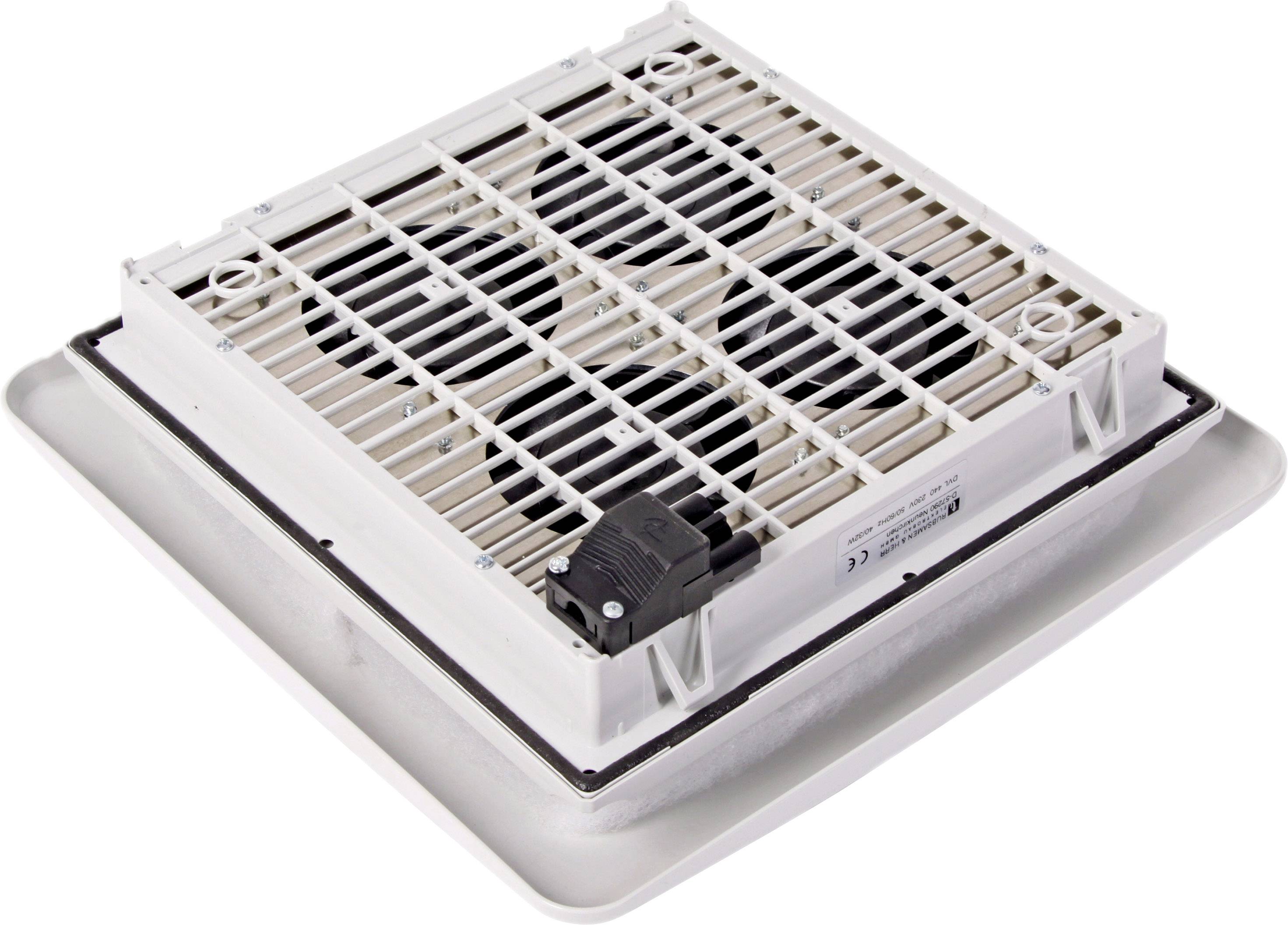 Białe, kwadratowe kratki wentylacyjne z wentylatorem umieszczonym poniżej. Zamontowane są na płaskiej, prostokątnej ramie.