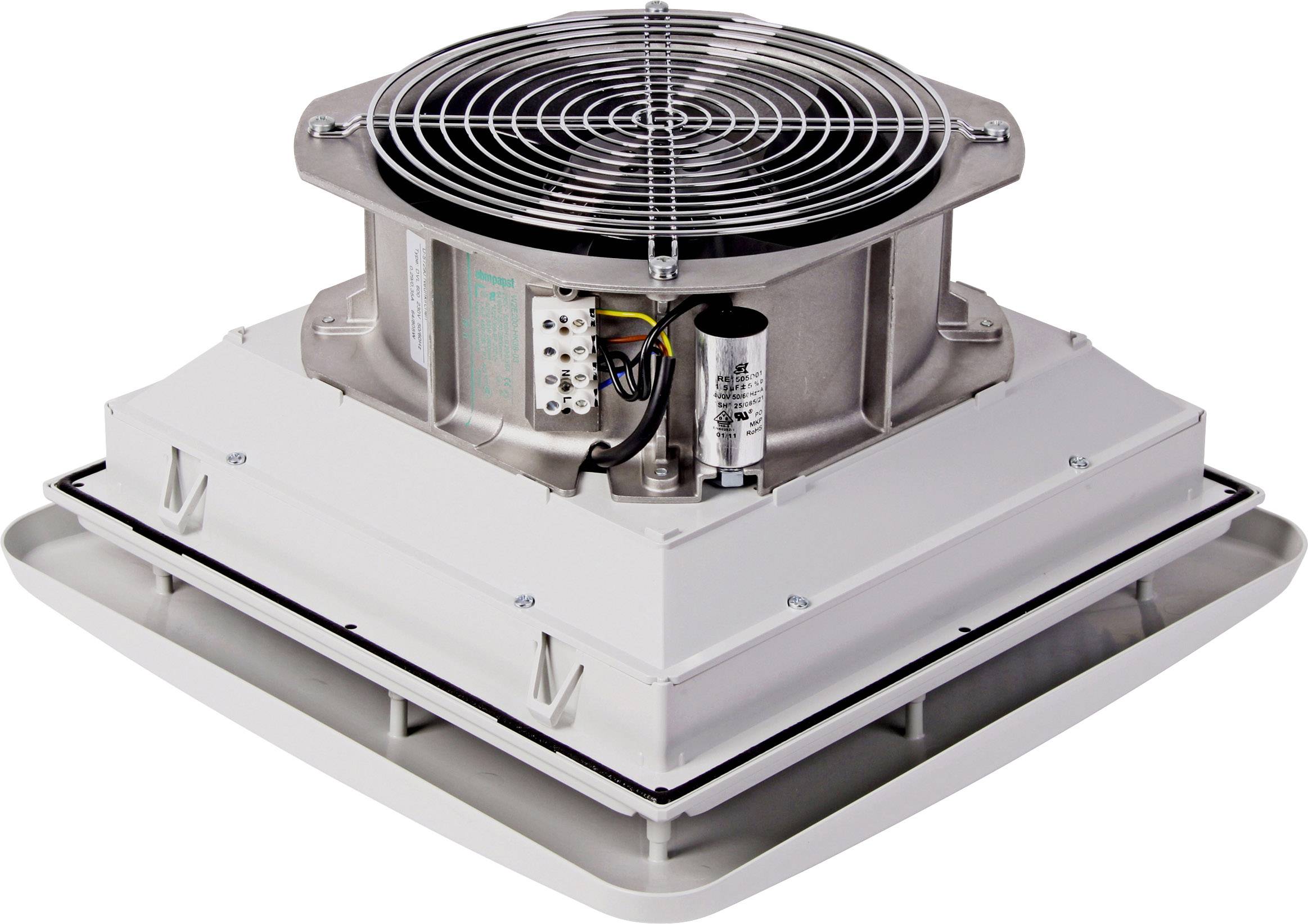 Elektryczny wentylator z prostokątną obudową i okrągłą osłoną ochronną na górze. Przewody i komponenty elektroniczne są widoczne.