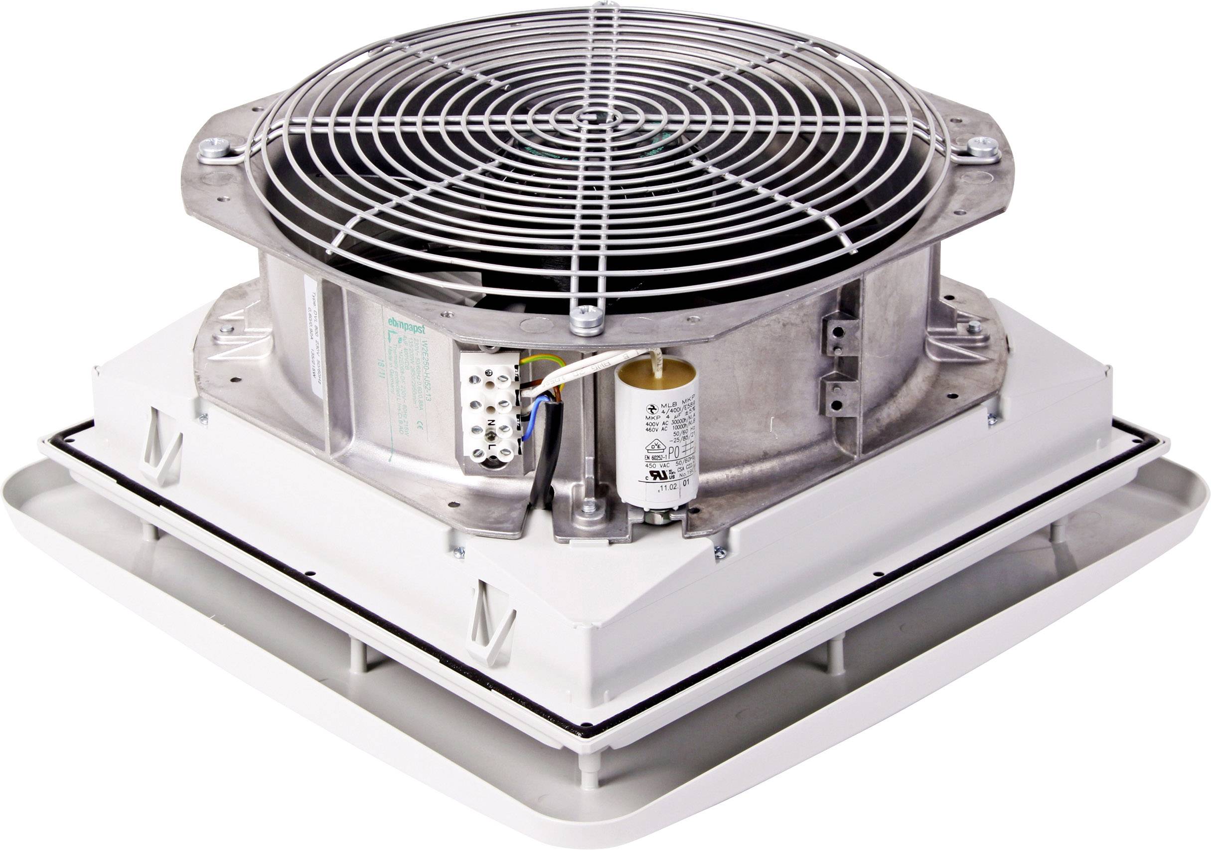 Kwadratowy wentylator dachowy z kratką na górze. Po stronie widoczne są przyłącza elektryczne i przewody.