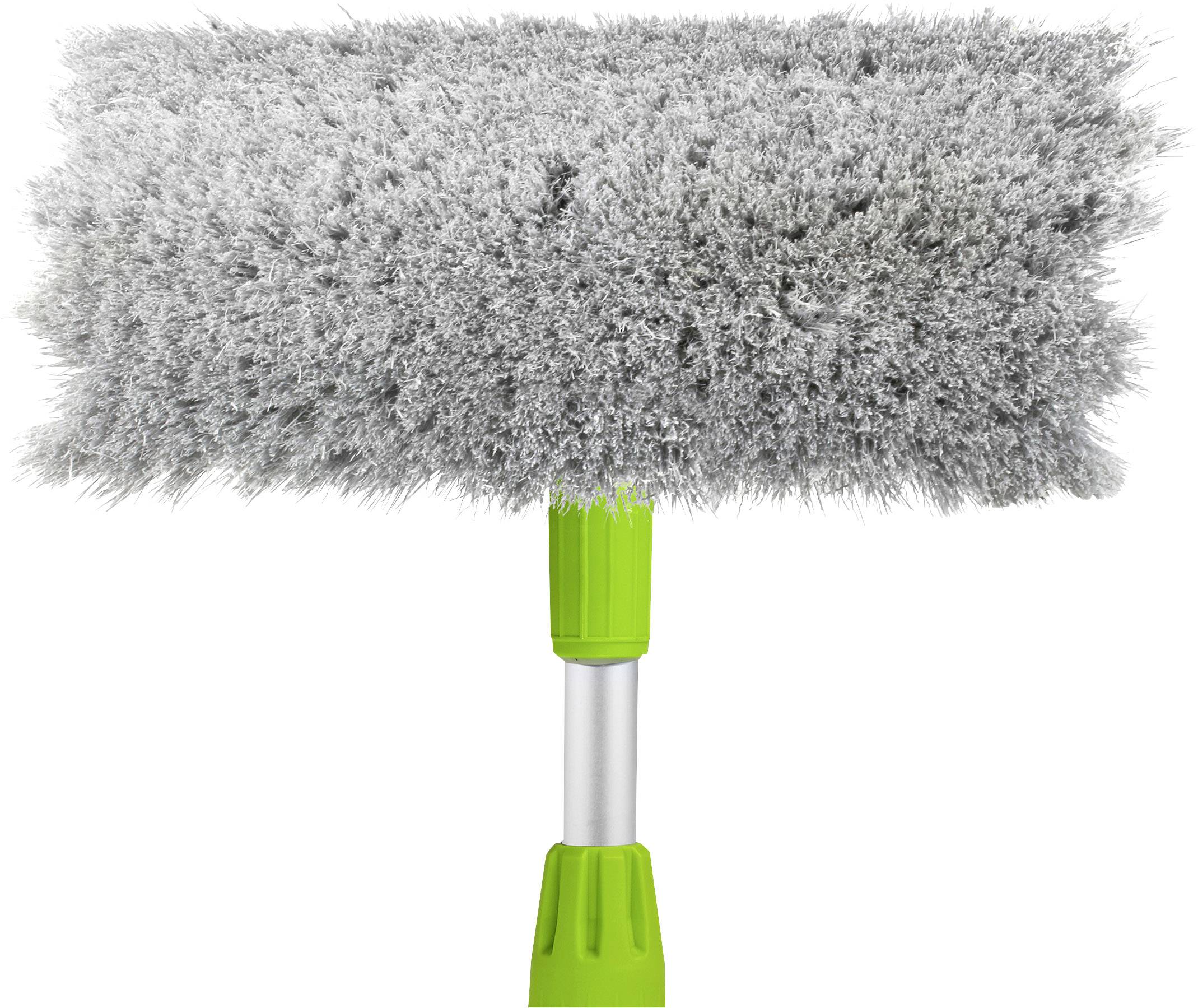 Szary odkurzacz pyłu z puszystą główką i zielonym uchwytem. Idealny do usuwania kurzu z różnych powierzchni.