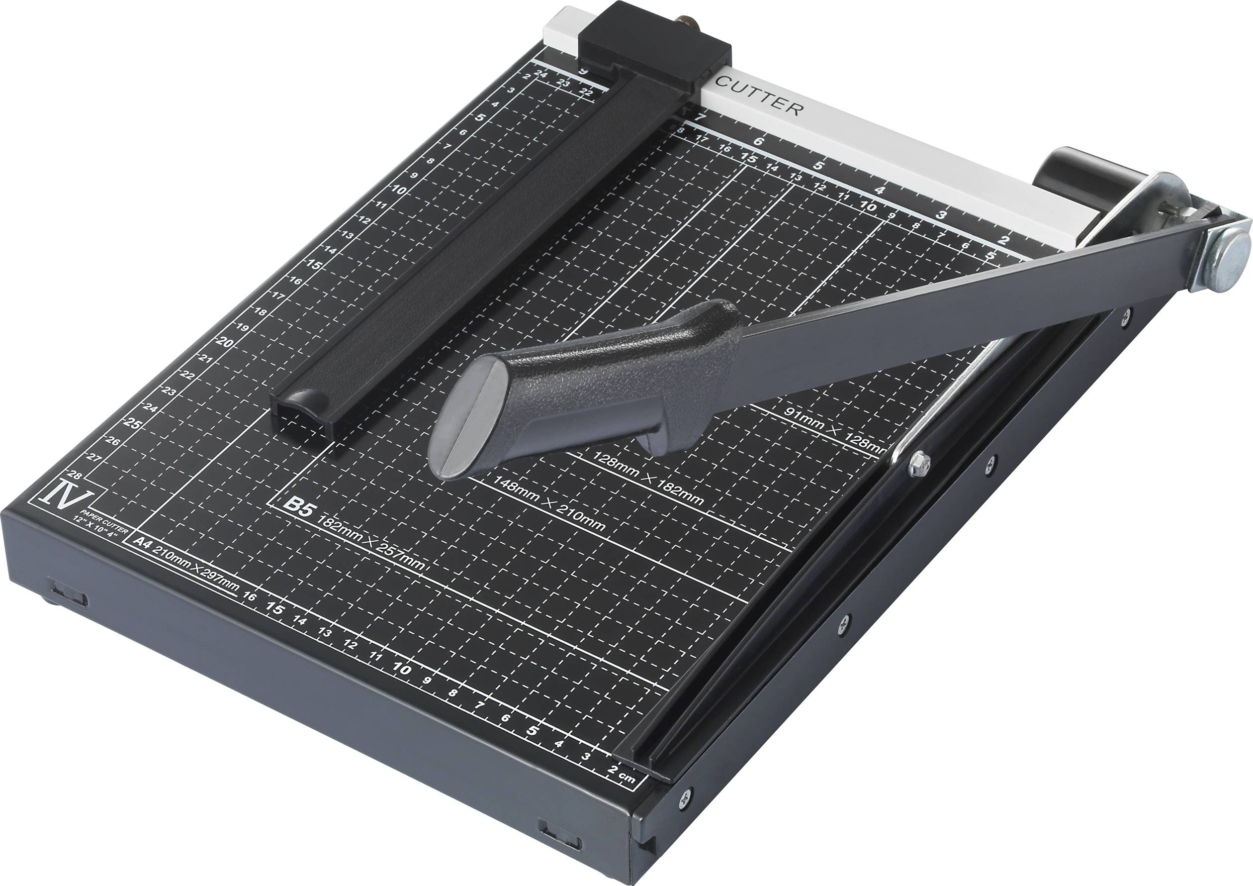 Maszyna do cięcia papieru z czarnym wzorem siatki na powierzchni tnącej. Posiada dźwignię i srebrną krawędź tnącą.