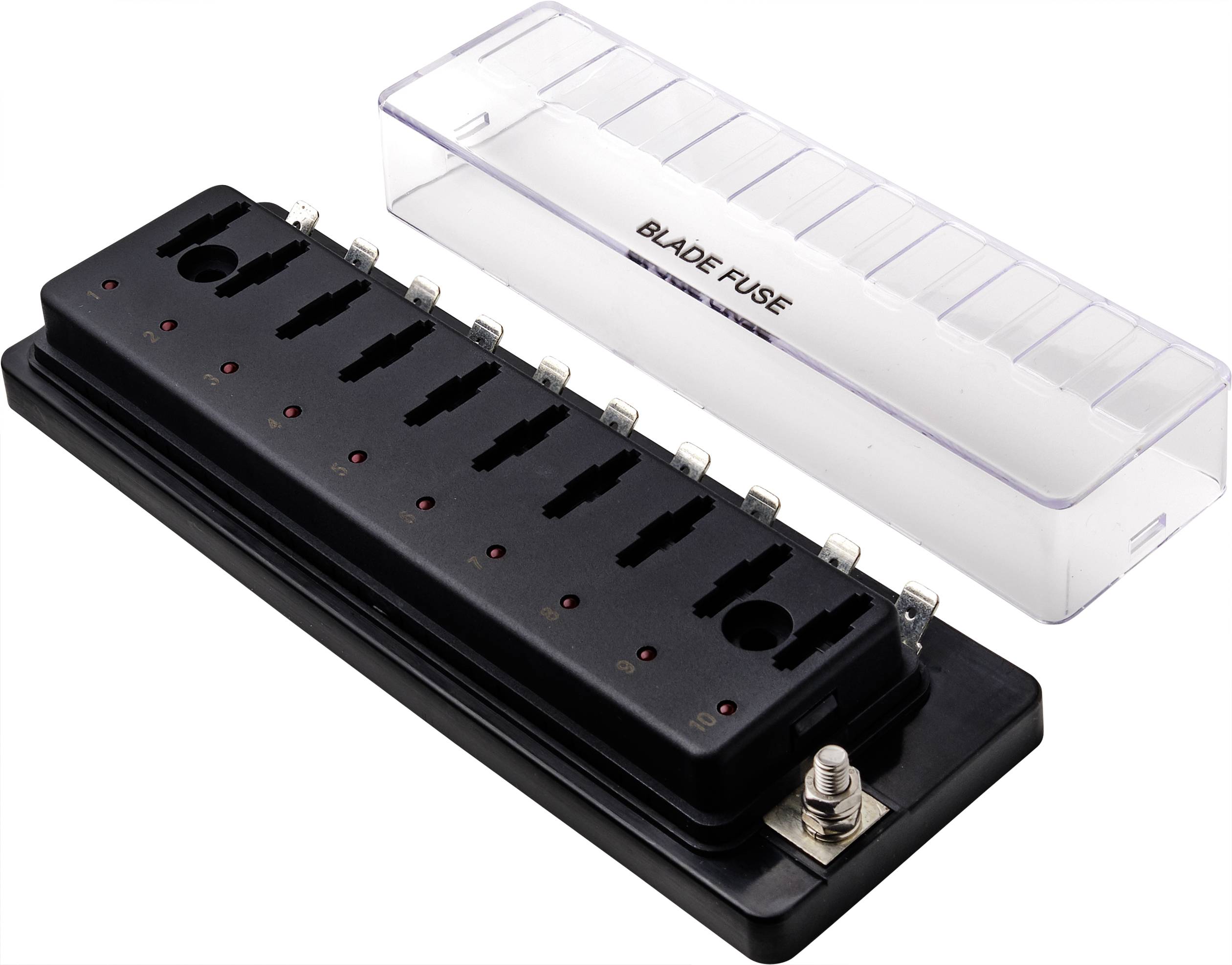 Uchwyt bezpieczników z tworzywa sztucznego z przezroczystą pokrywą, który może pomieścić kilka bezpieczników; odpowiedni do zastosowań w pojazdach samochodowych.