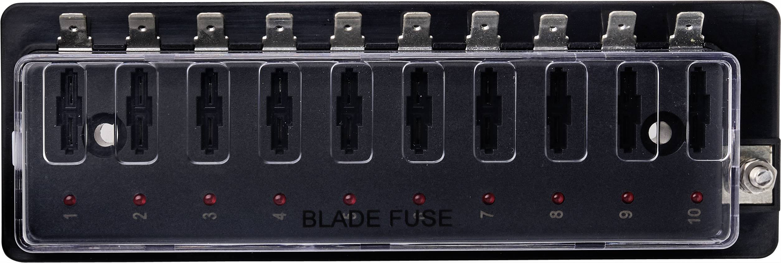 Blok bezpieczników z dziesięcioma gniazdami, oznaczony numerami od 1 do 10, z czerwonymi wskaźnikami LED pod każdym gniazdem sygnalizującymi aktywowane bezpieczniki.