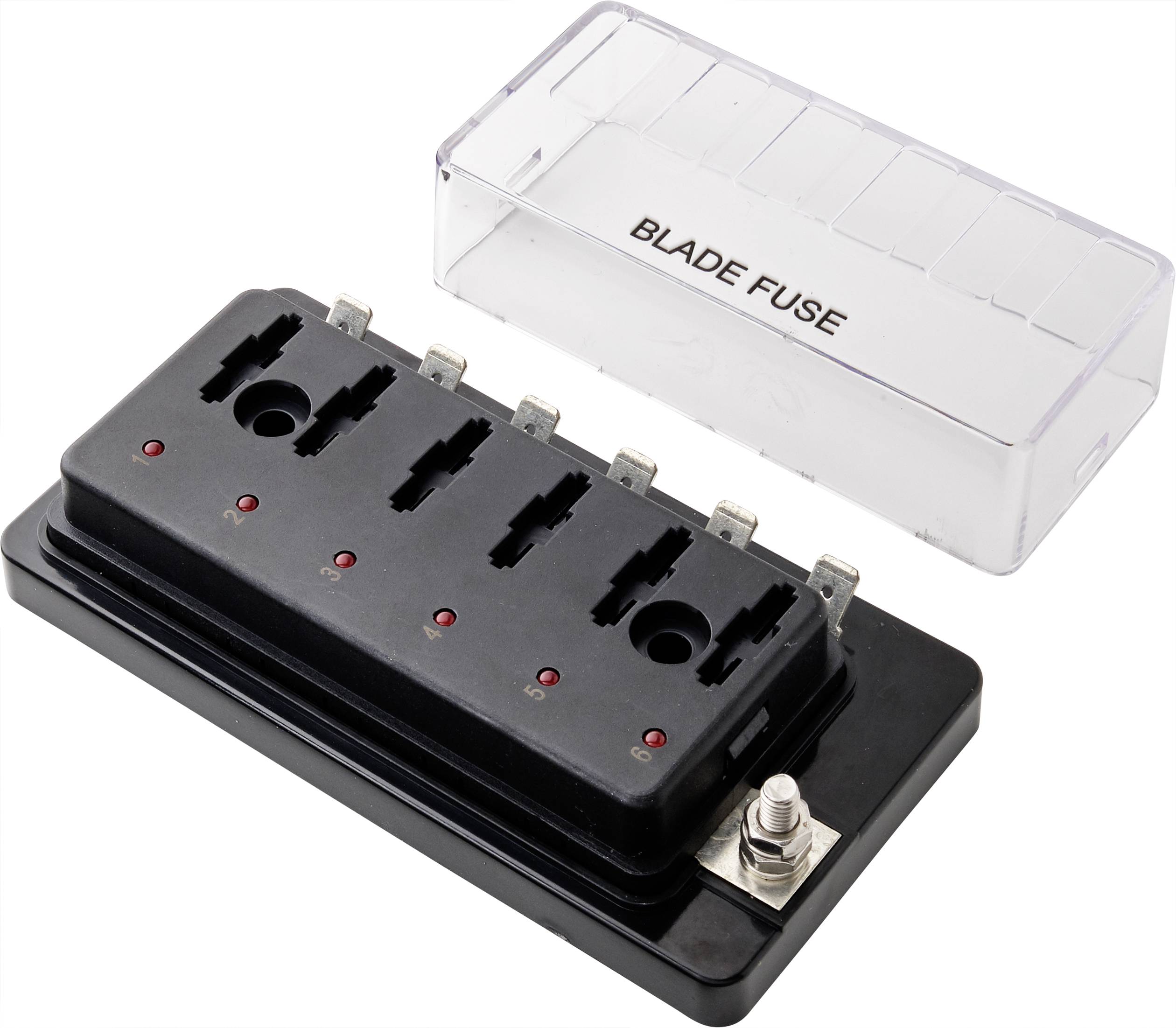 Uchwyt bezpieczników z pięcioma gniazdami na bezpieczniki płaskie, z zdejmowalną przezroczystą pokrywą oznaczoną napisem 'Blade Fuse'.