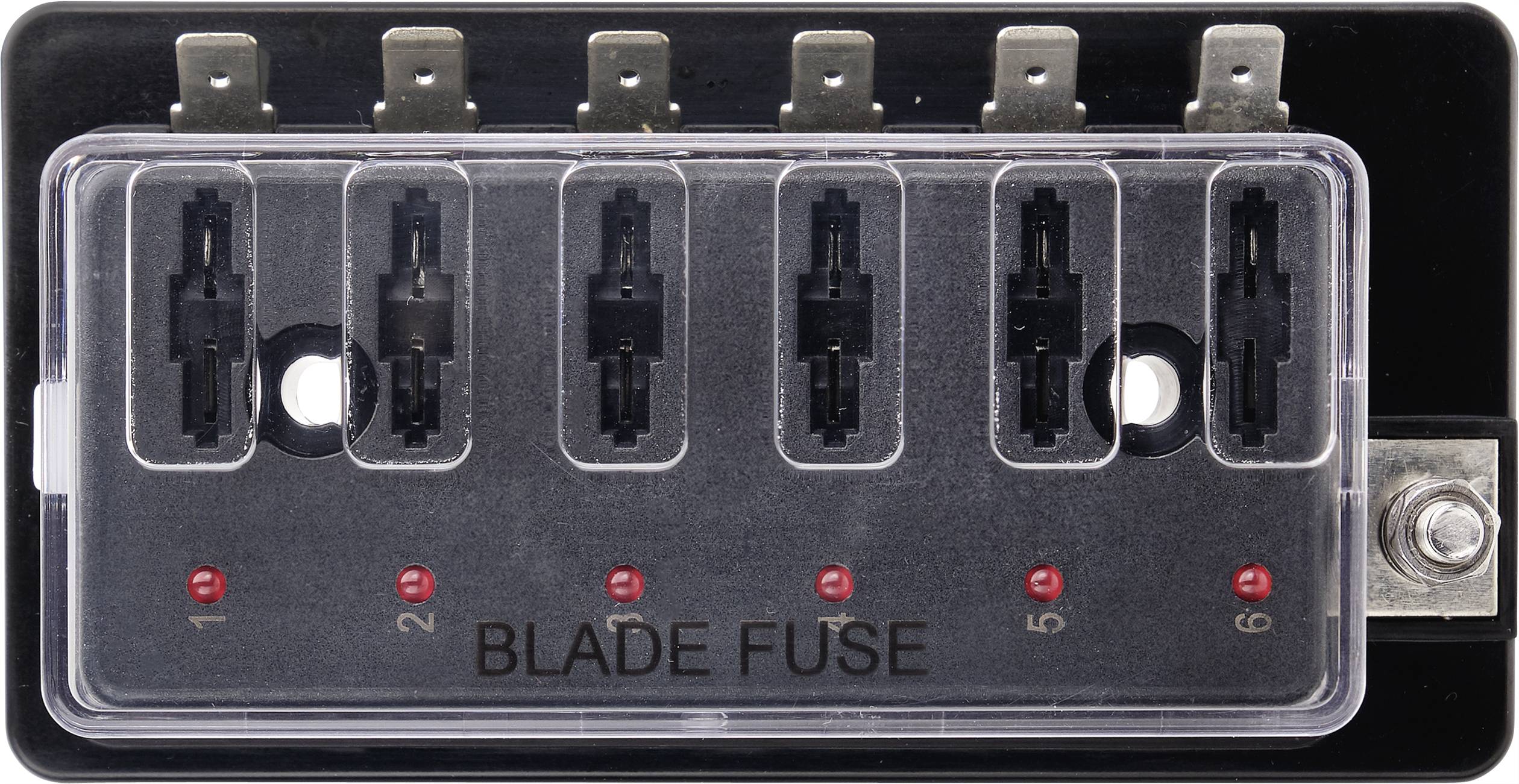 Sześciokrotny uchwyt bezpieczników płaskich z numeracją od 1 do 6 oraz czerwonym wskaźnikiem statusu LED. Odpowiedni do instalacji elektrycznych w pojazdach.