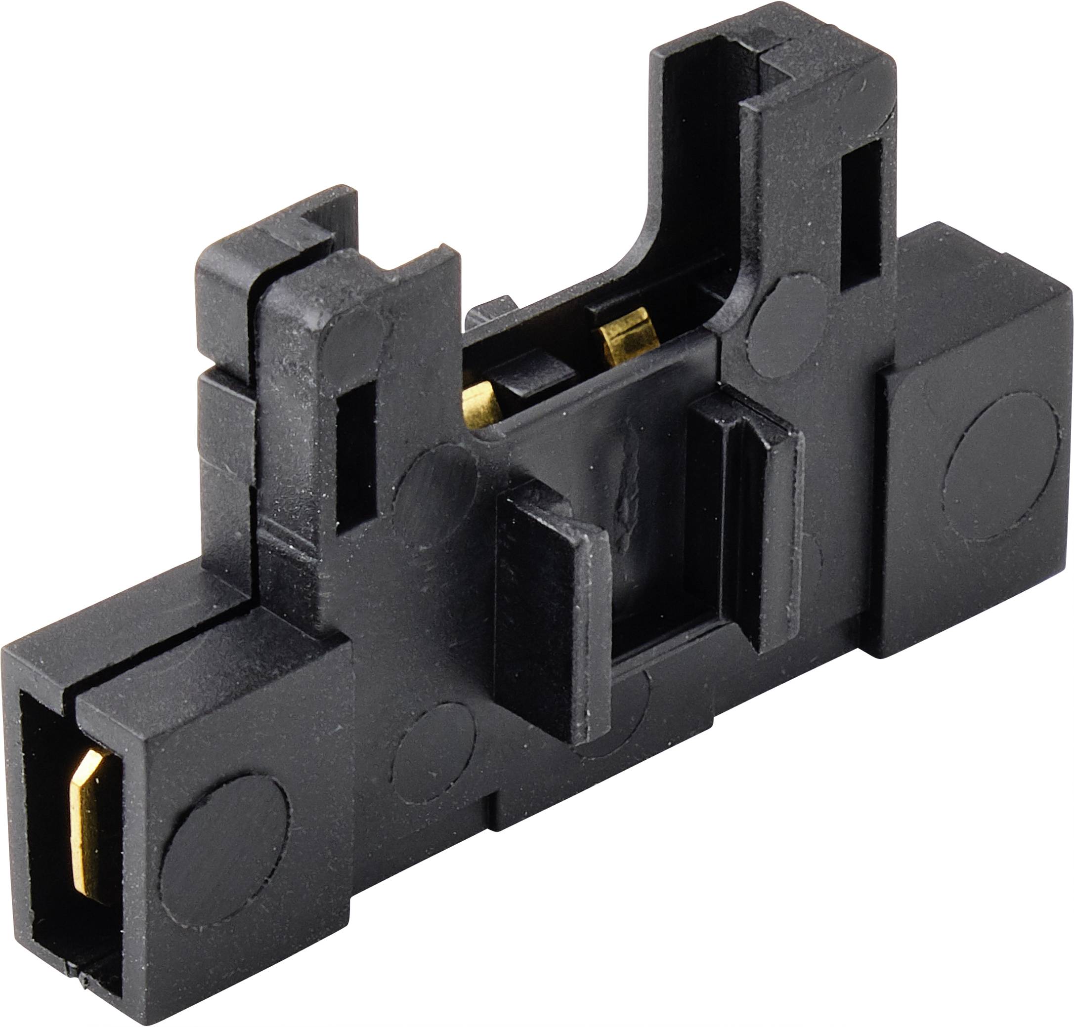 Czarny elektryczny adapter złącza, o kształcie prostokątnym, z bocznymi szczelинами do podłączenia oraz metalowymi stykami wewnątrz.