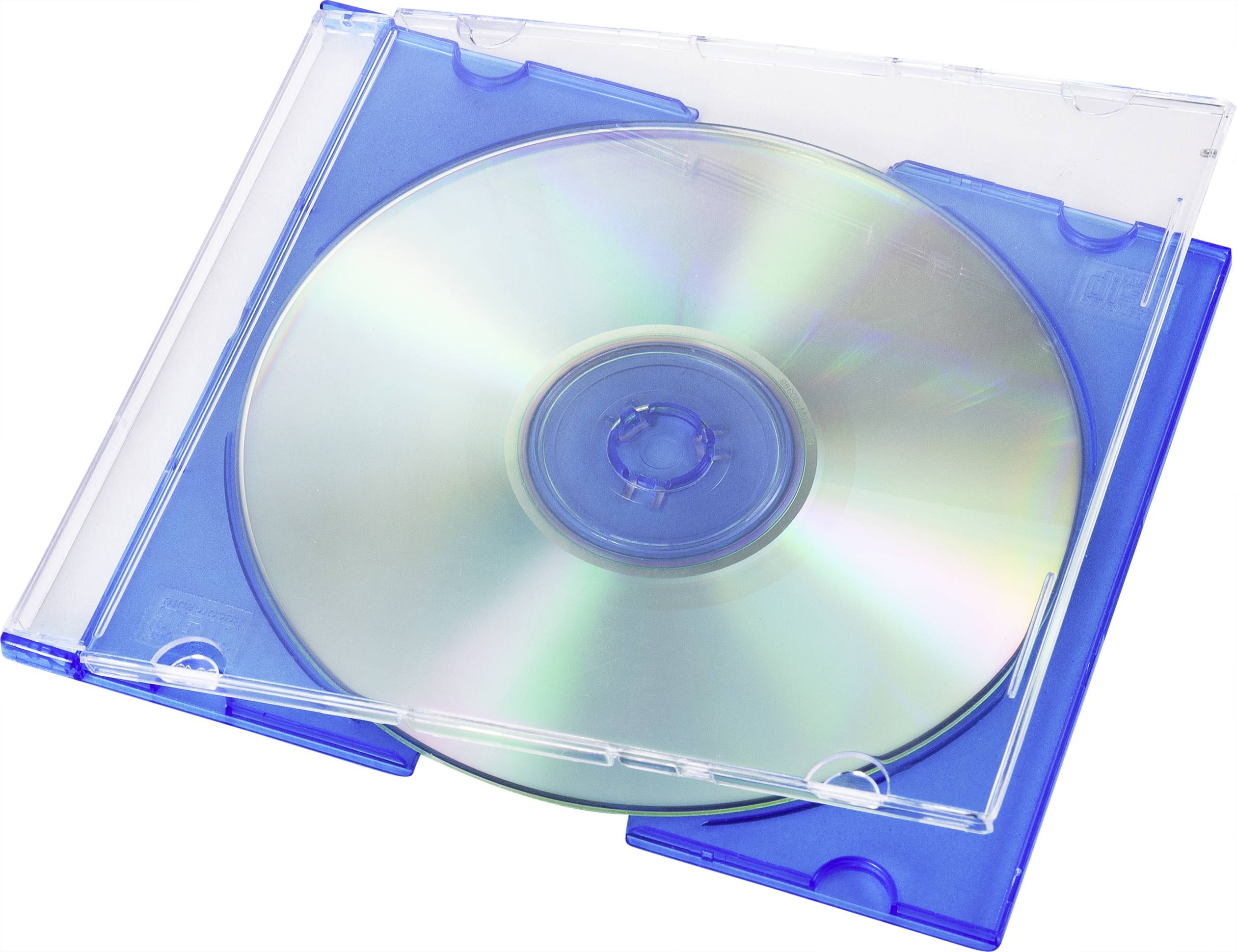Płyta CD w przezroczystej niebieskiej obudowie.