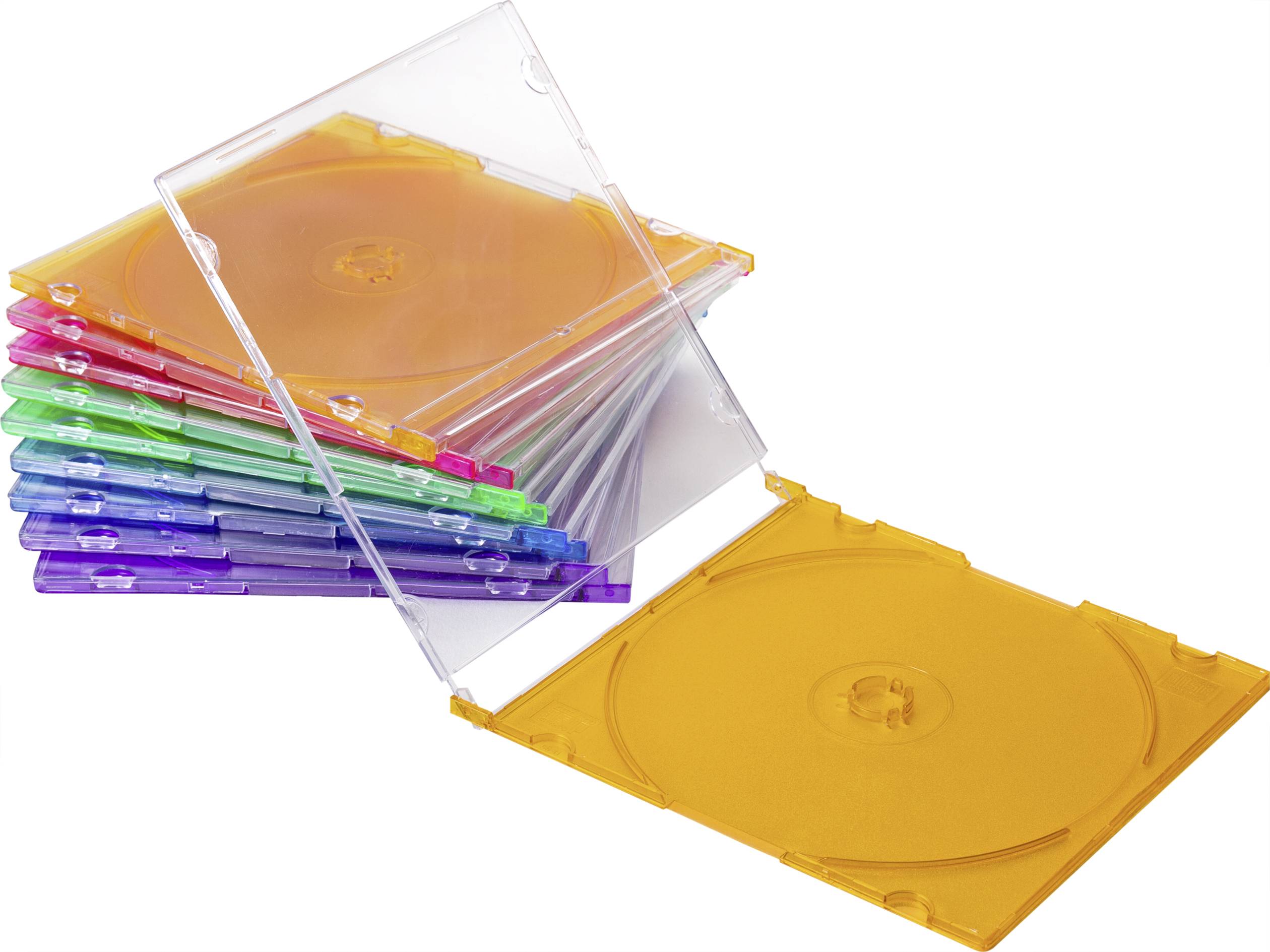 Stos kolorowych, pustych pudełek na płyty CD w różnych odcieniach, w tym pomarańczowym, fioletowym, niebieskim i zielonym, częściowo otwartych.