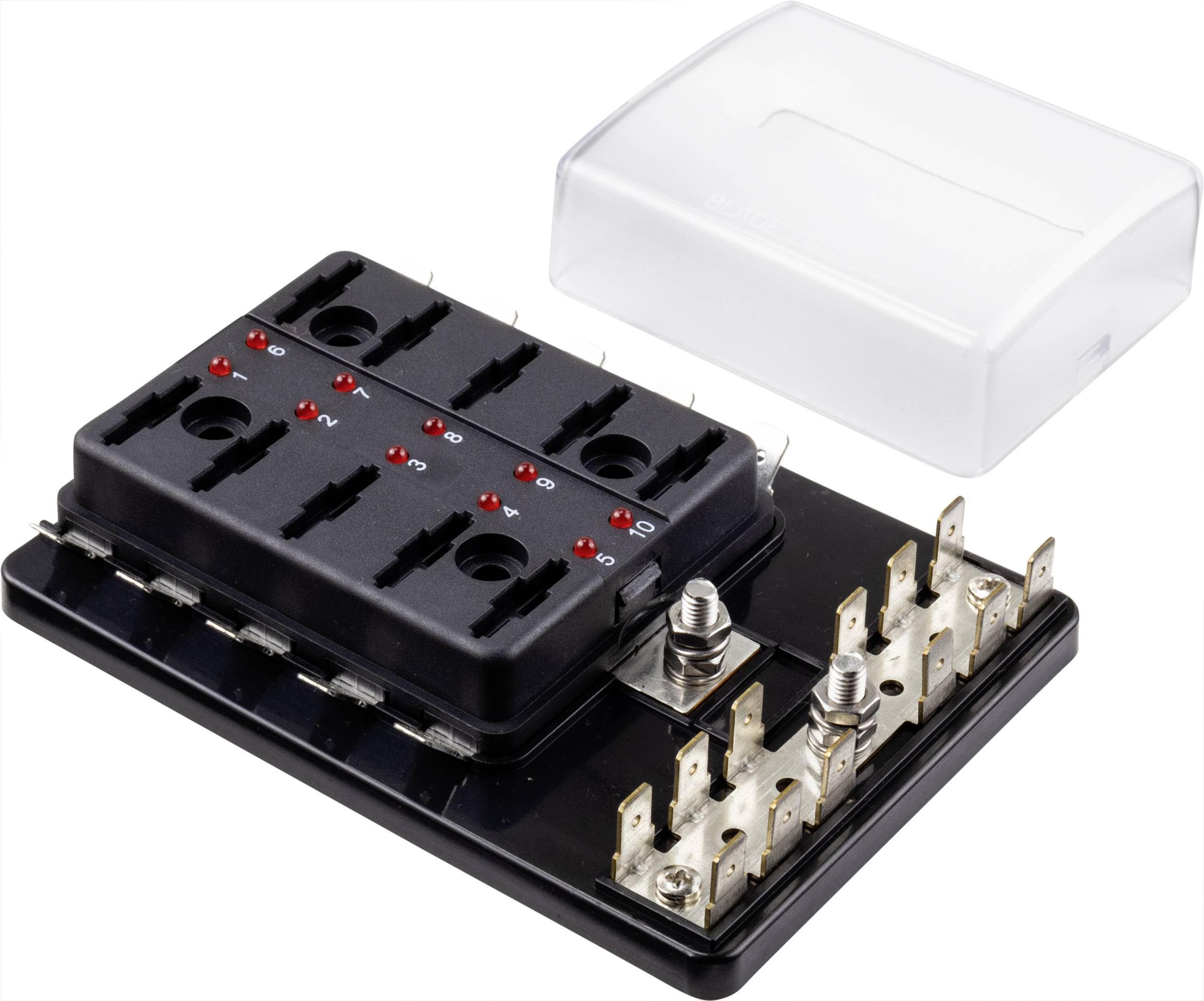 Uchwyt bezpieczników z przezroczystą pokrywą. Dziesięć miejsc na bezpieczniki, ponumerowanych czerwonymi wskaźnikami LED do kontroli statusu.
