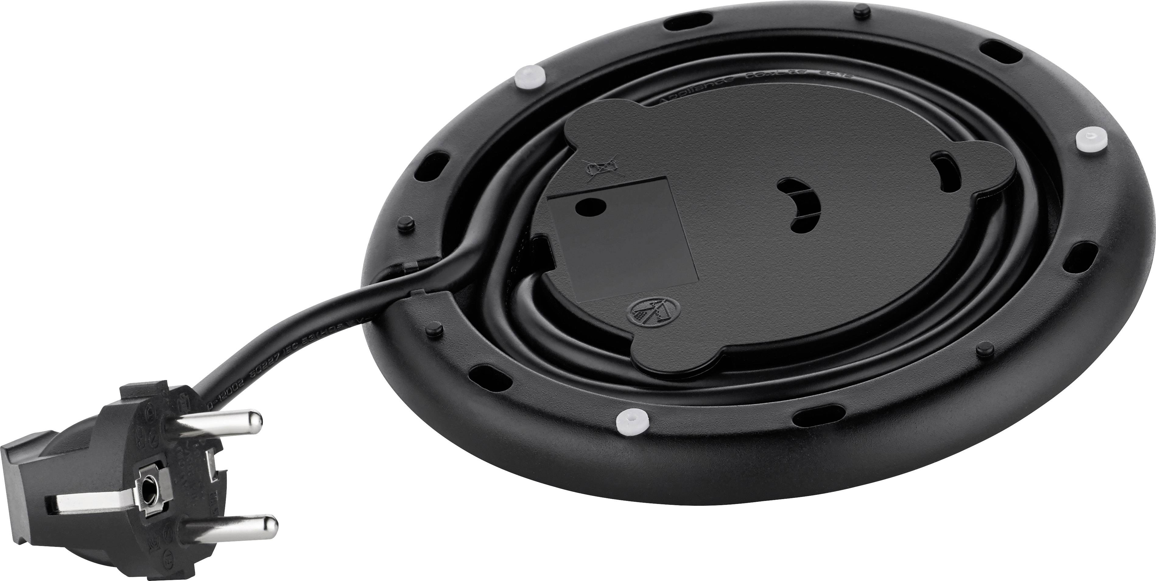 Okrągła podstawa z zintegrowanym mocowaniem do nawijania kabla i przewodem sieciowym.