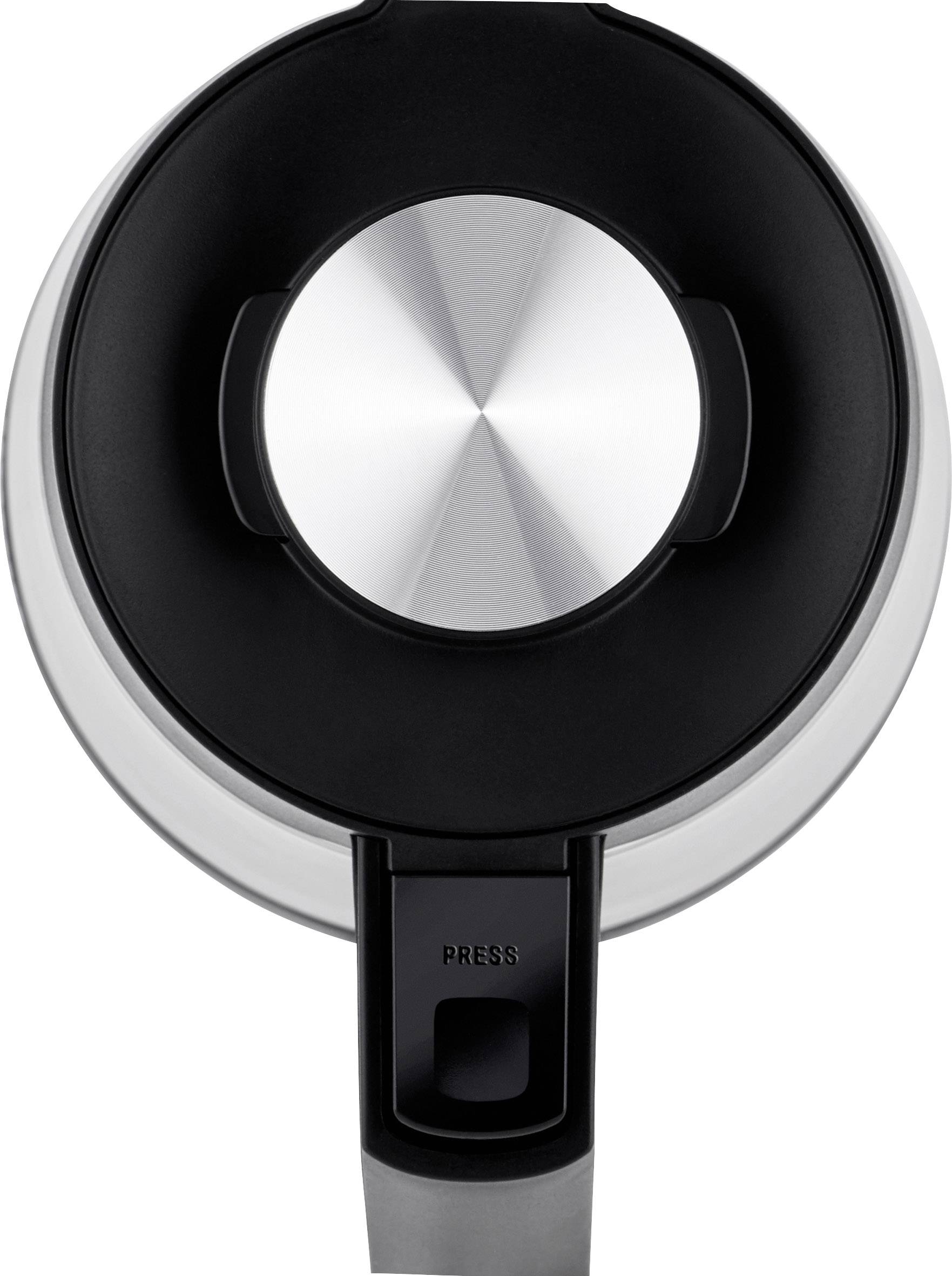 Widok czajnika elektrycznego w kolorze czarnym z góry, z metalowym uchwytem. Widoczny jest przycisk z napisem 'Press'.