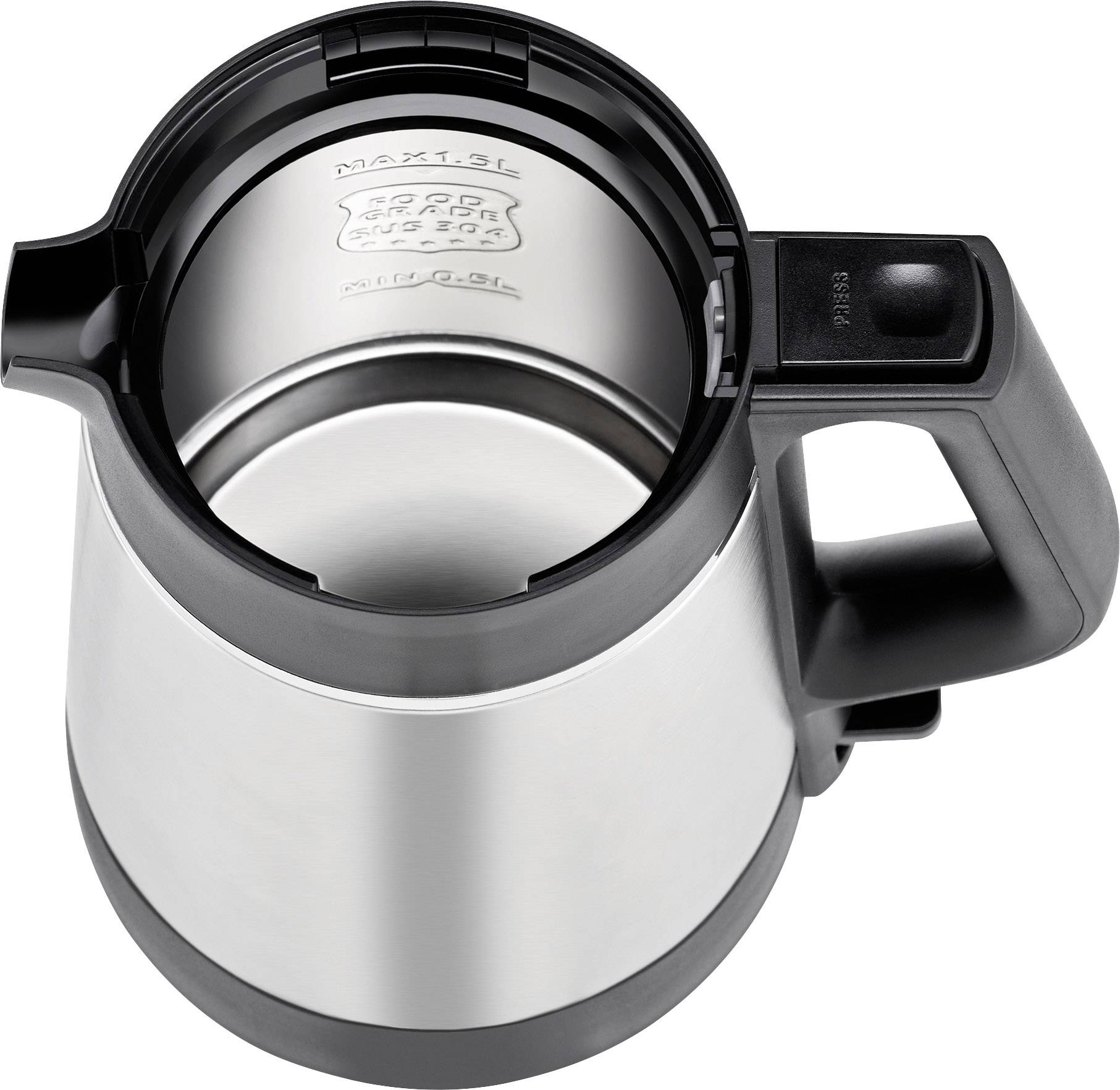 Czajnik stalowy widziany z góry, z czarnymi uchwytami, z oznaczeniem maksymalnego poziomu napełnienia, bez pokrywki.