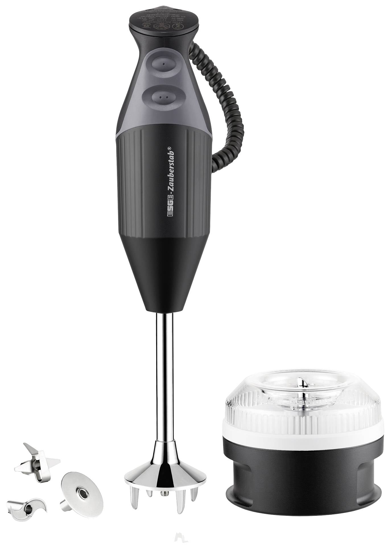 Czarny blender ręczny z różnymi nakładkami ze stali nierdzewnej oraz przezroczystym pojemnikiem.