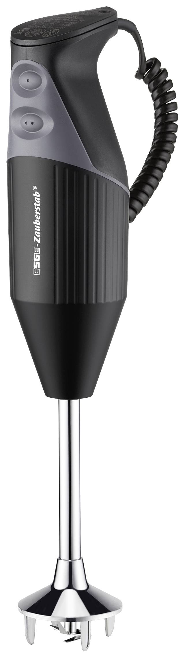 Czarny blender ręczny z ergonomicznym uchwytem i dwoma przyciskami sterującymi. Urządzenie posiada metalową stopę z czterema ostrzami.