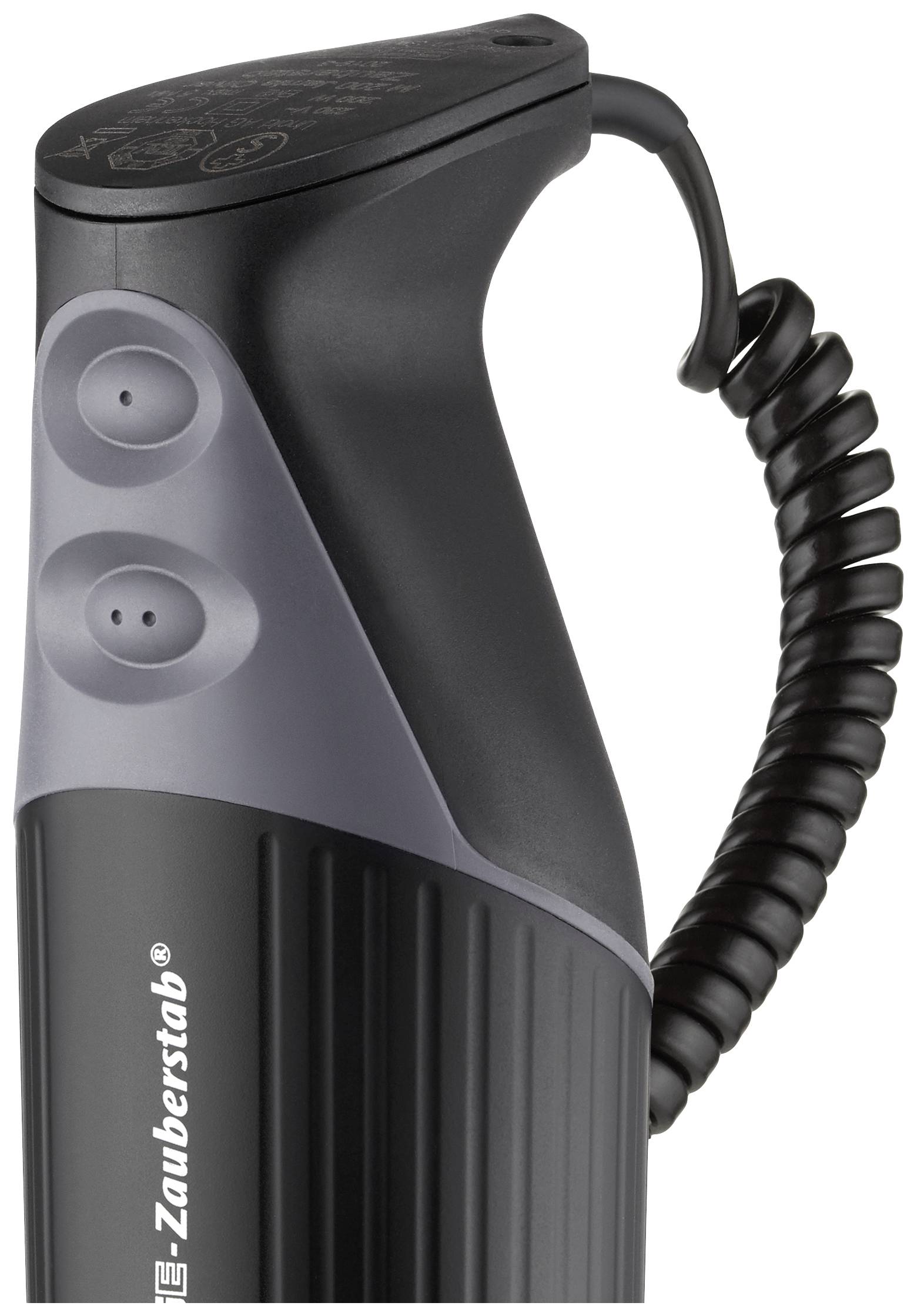 Uchwyt czarnego blendera ręcznego z przewodem spiralnym i dwoma przyciskami. Na uchwycie widoczna nazwa marki 'ESGE-Zauberstab'.