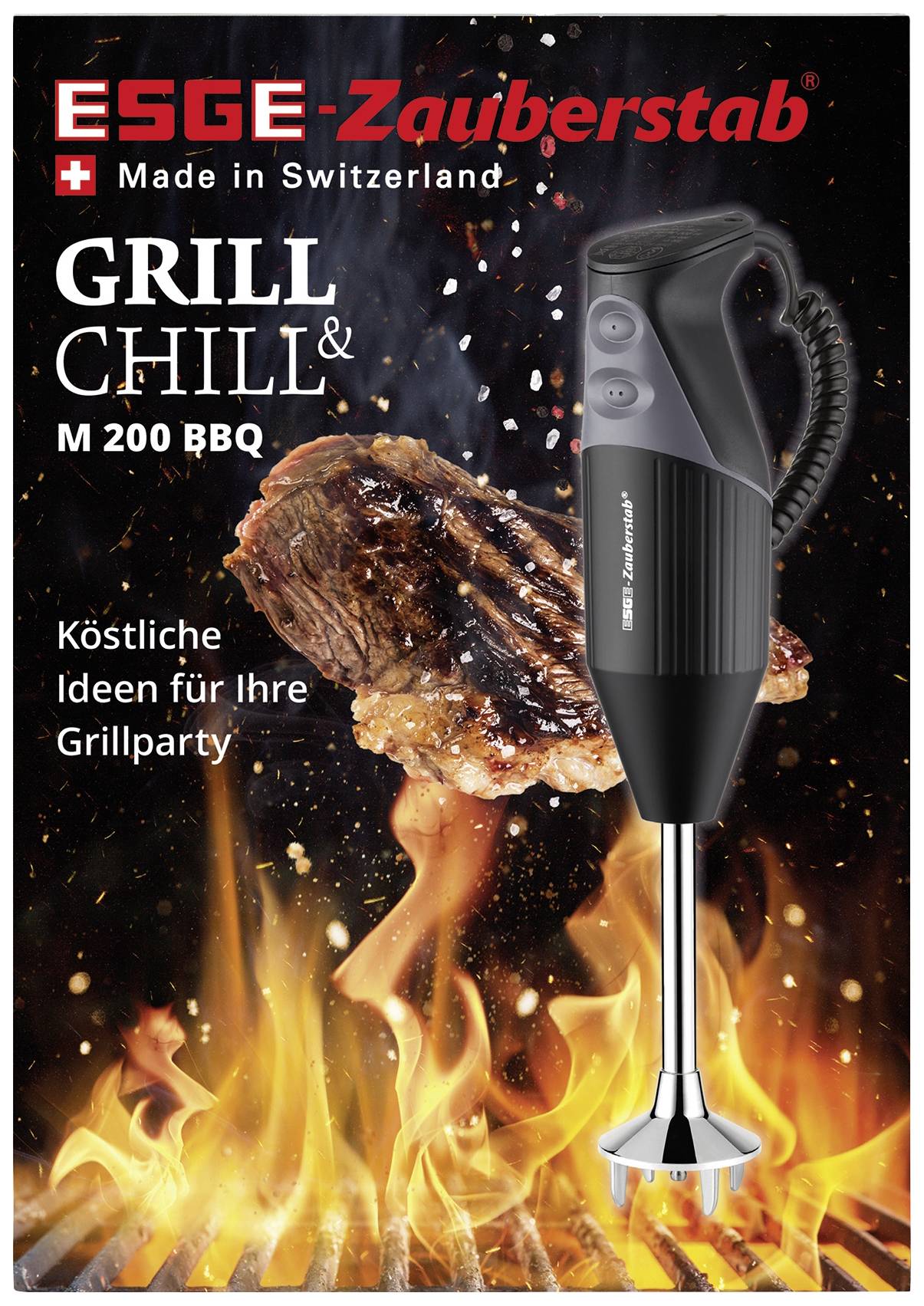 Różdżka ESGE spoczywa nad płonącym grillem. Tekst: 'Grill & Chill M 200 BBQ', 'Pyszne pomysły na Twoją imprezę grillową', 'Wyprodukowane w Szwajcarii'.