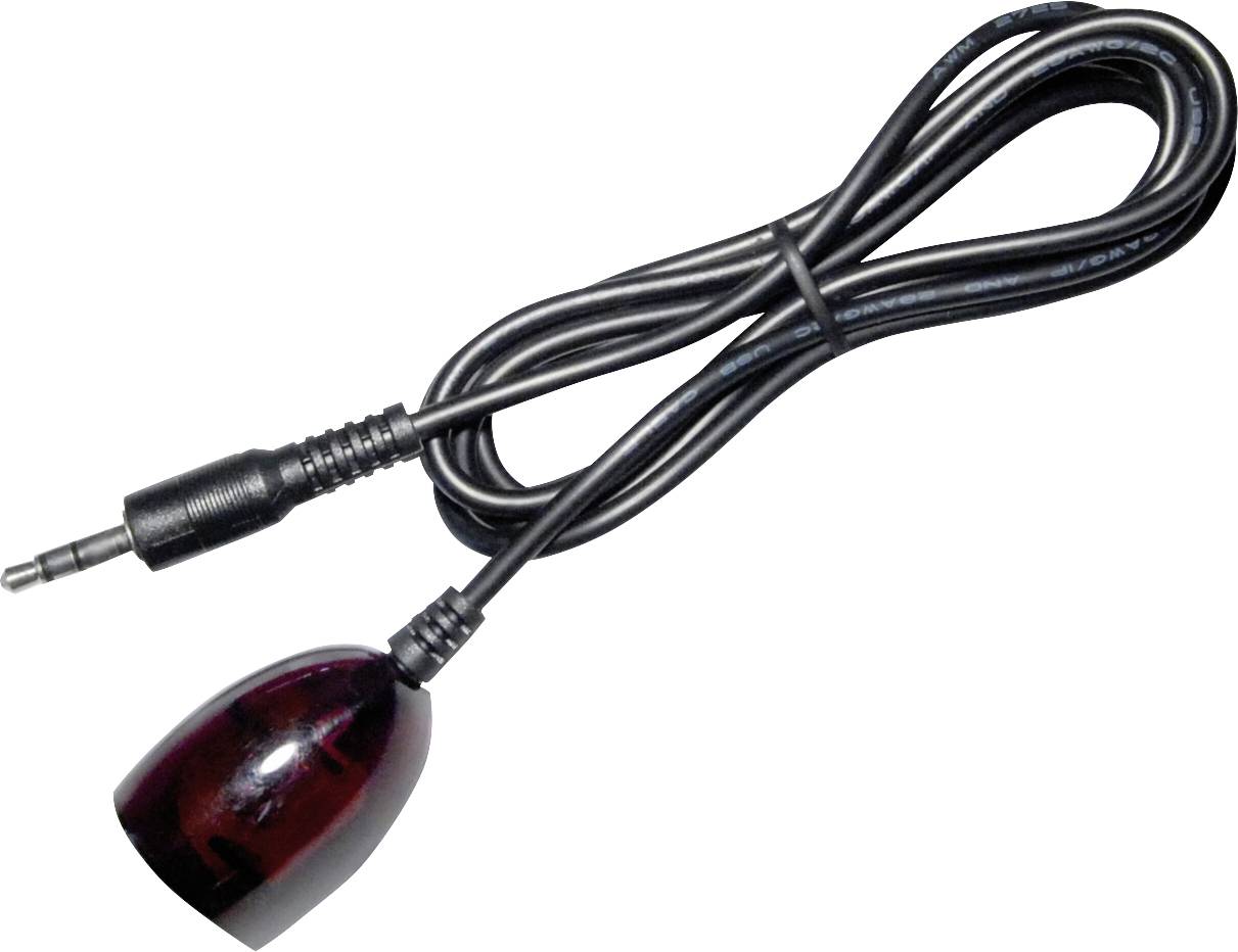Przedłużacz podczerwieni z wtykiem 3,5 mm. Przedłużacz posiada czarny kabel i ciemnoczerwską obudowę odbiornika podczerwieni.