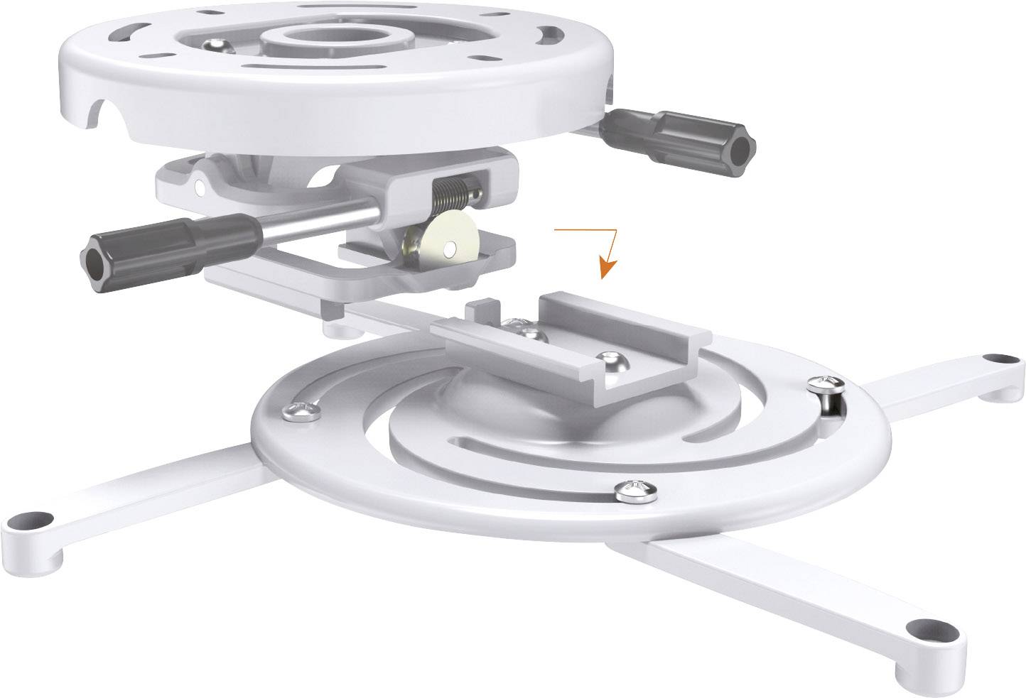 Biała mocowanie sufitowe z obrotowym ramieniem i mocowaniami śrubowymi, przeznaczone do montażu projektorów lub podobnych urządzeń.
