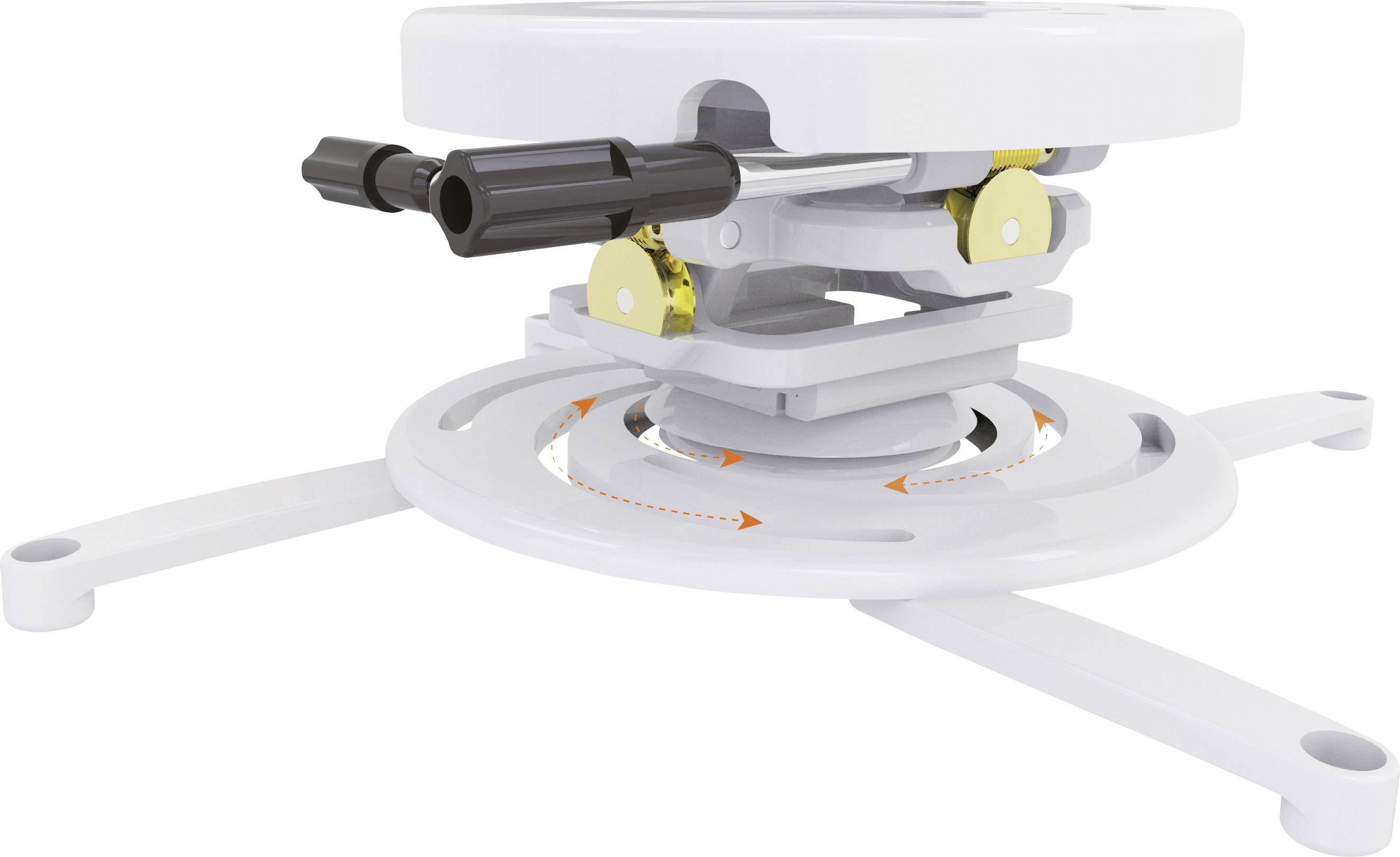 Biała, okrągła mechaniczna przyrząd z obrotowymi elementami i trzema stojakami. Strzałki wskazują kierunek rotacji.