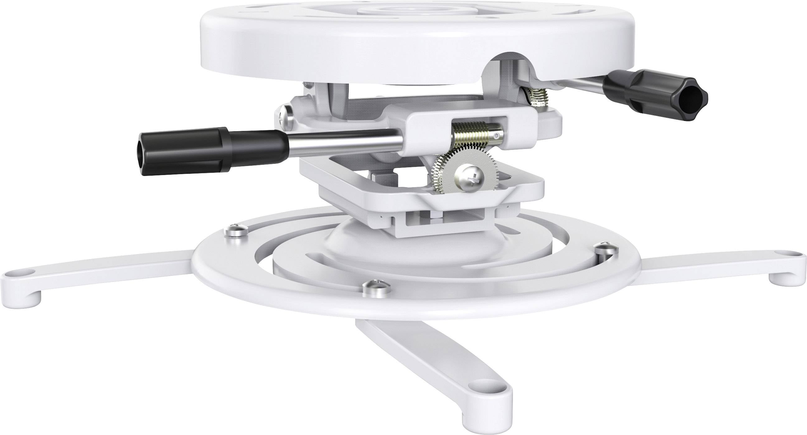 Biały uchwyt projektora z mechanizmem obrotowo-pochylnym, przeznaczony do montażu sufitowego. Cztery regulowane nóżki zapewniają stabilność.