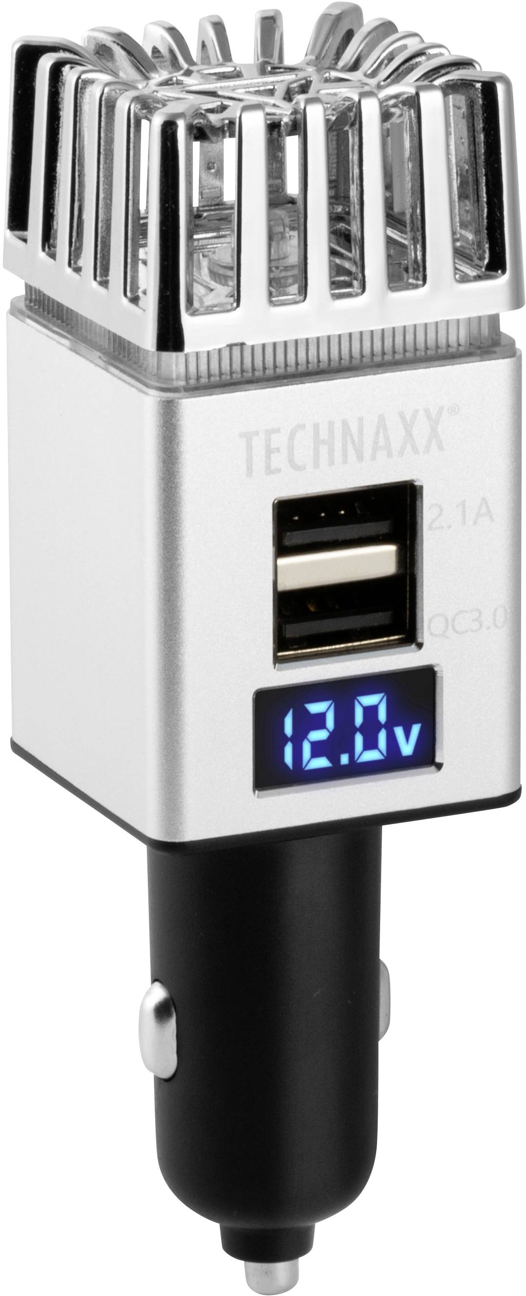 Srebrny oczyszczacz powietrza do samochodu z portami USB i wyświetlaczem cyfrowym. Wskazuje '12.0V'. Smukła, nowoczesna konstrukcja.