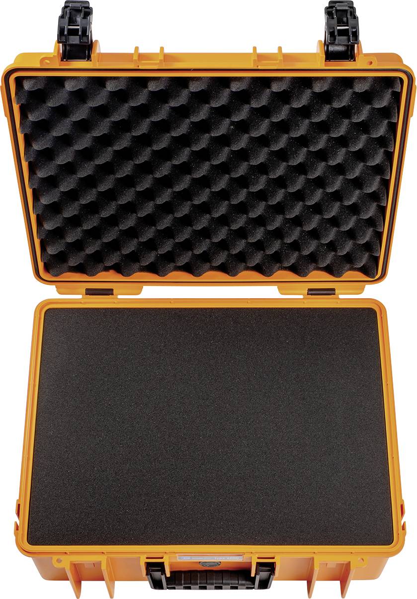 Otwarty pomarańczowy kufer ochronny z czarną wyściółką piankową do bezpiecznego transportu delikatnych przedmiotów.