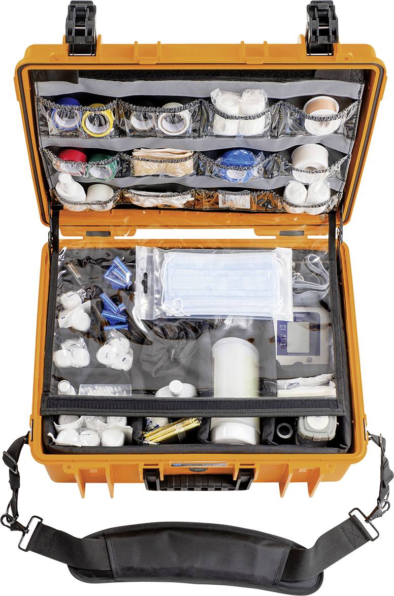 Pomarańczowa apteczka pierwszej pomocy jest otwarta, ukazując różne artykuły medyczne, takie jak bandaże, rękawiczki i maski.