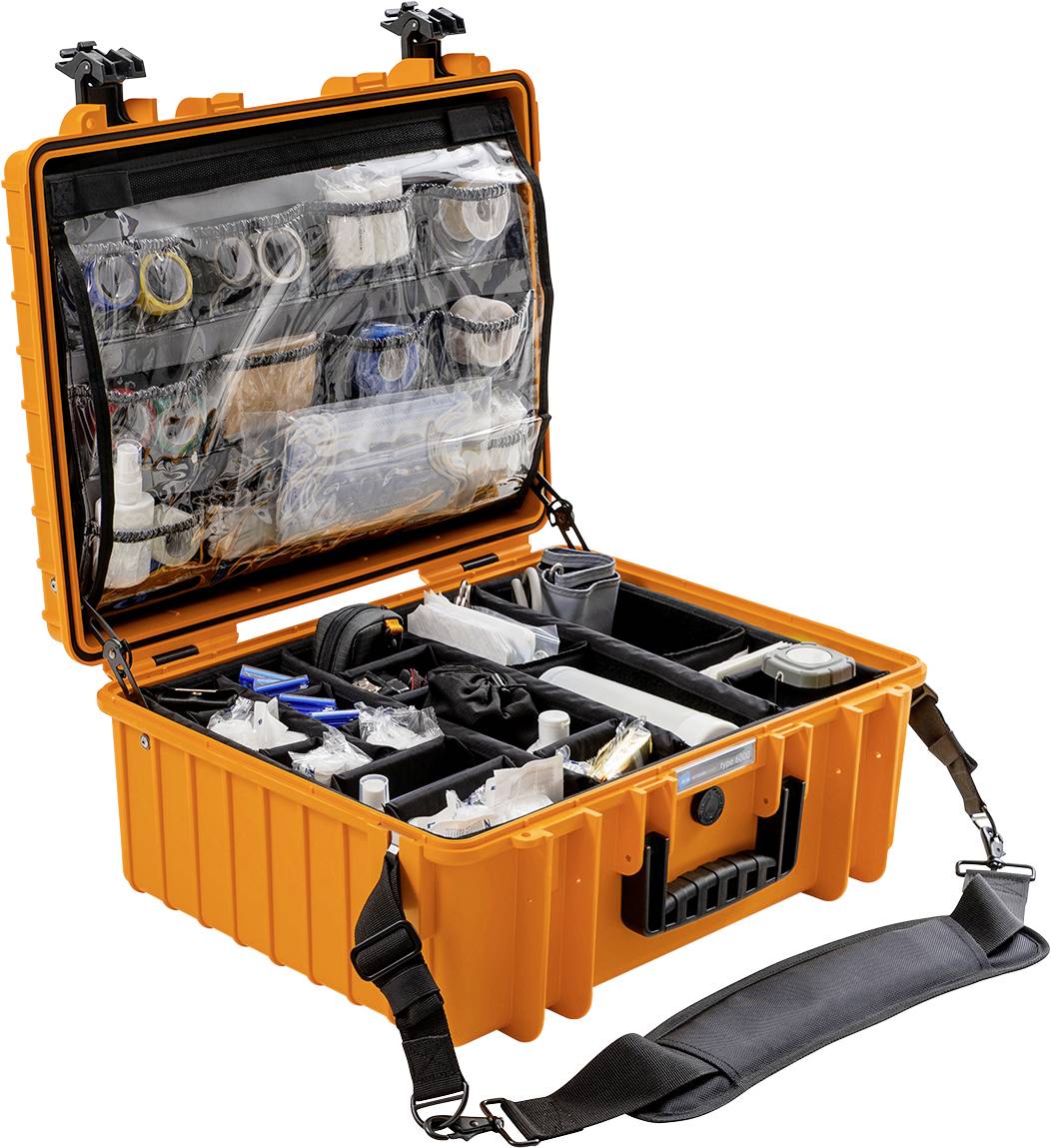 Otwarty, pomarańczowy kufer na narzędzia z wieloma przegródkami, wypełniony różnymi narzędziami i akcesoriami, w tym śrubokrętami i kablami.