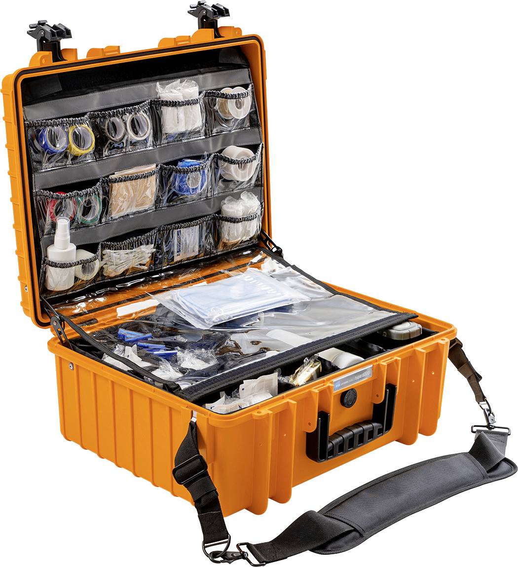 Otwarty, pomarańczowy kufer narzędziowy z licznymi przegródkami i schowkami, mieszczącymi różne narzędzia i materiały.