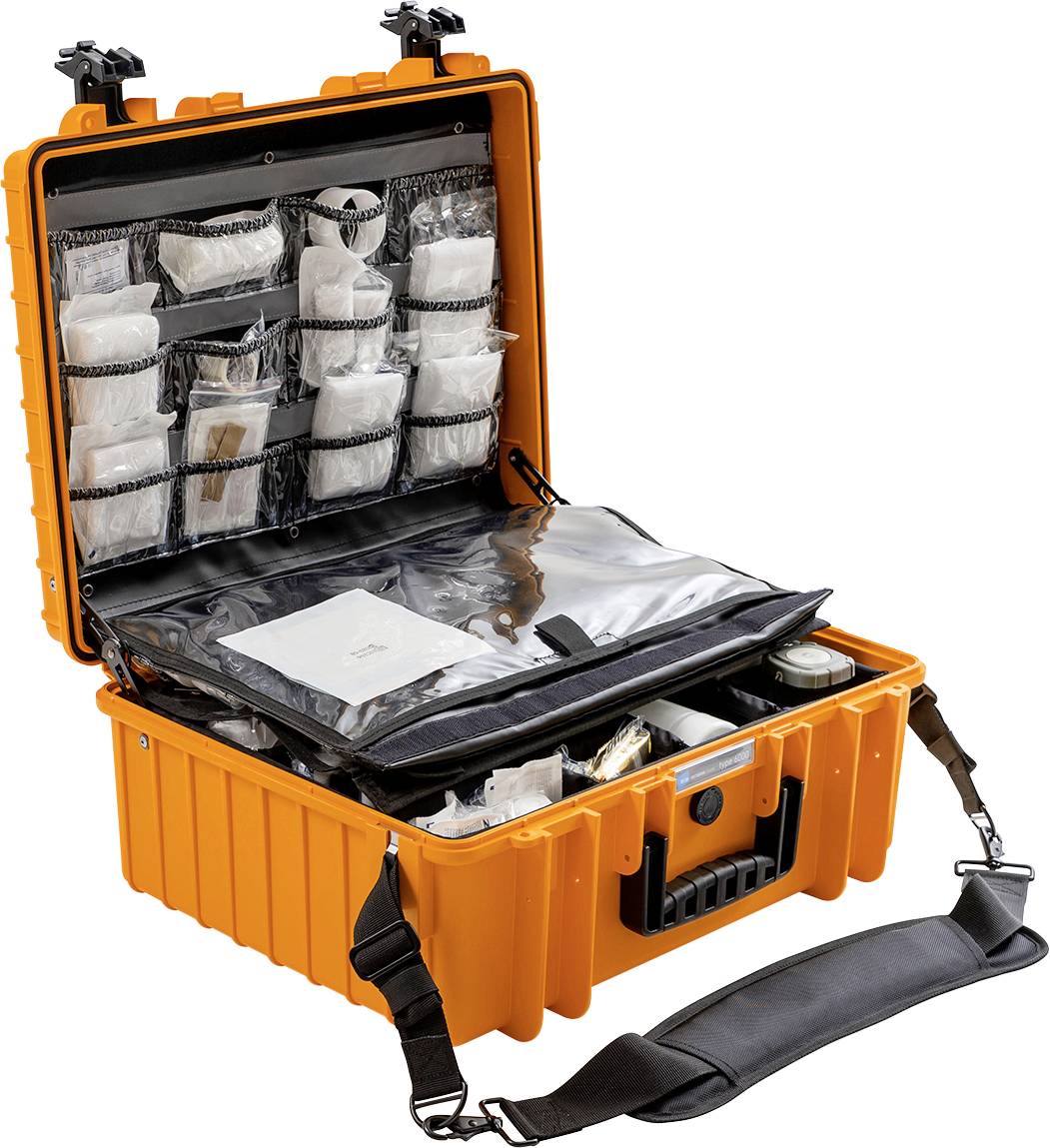 Otwarty, pomarańczowy kufer z różnymi małymi przegródkami w pokrywie, wypełniony sprzętem medycznym lub artykułami ratunkowymi.