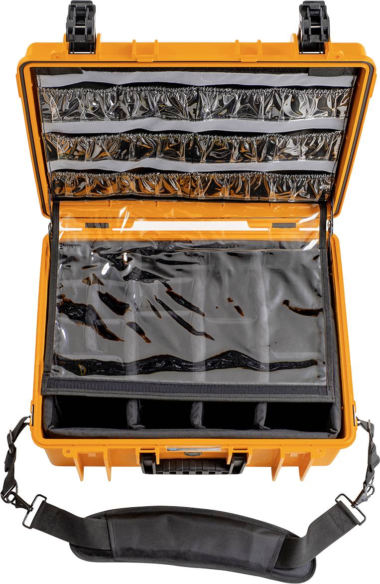 Otwarty, pomarańczowy walizka ochronna z wyściełanymi przegródkami i przezroczystymi kieszonkami w pokrywie. Idealny do przechowywania delikatnego sprzętu.