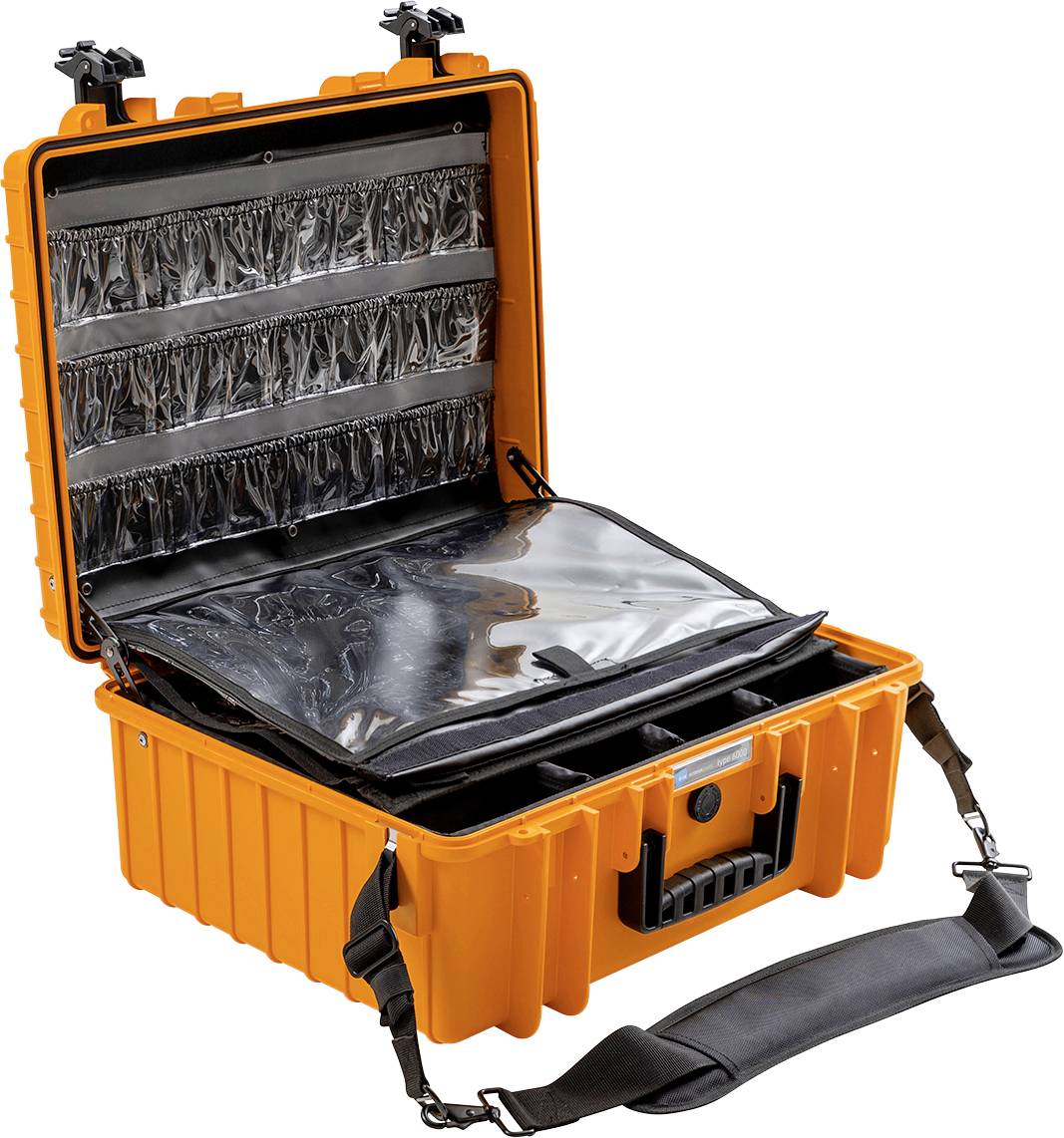 Otwarty, pomarańczowy twardy kufer z wieloma przezroczystymi przegródkami w pokrywie i paskiem do noszenia. Idealny do bezpiecznego przechowywania urządzeń lub dokumentów.